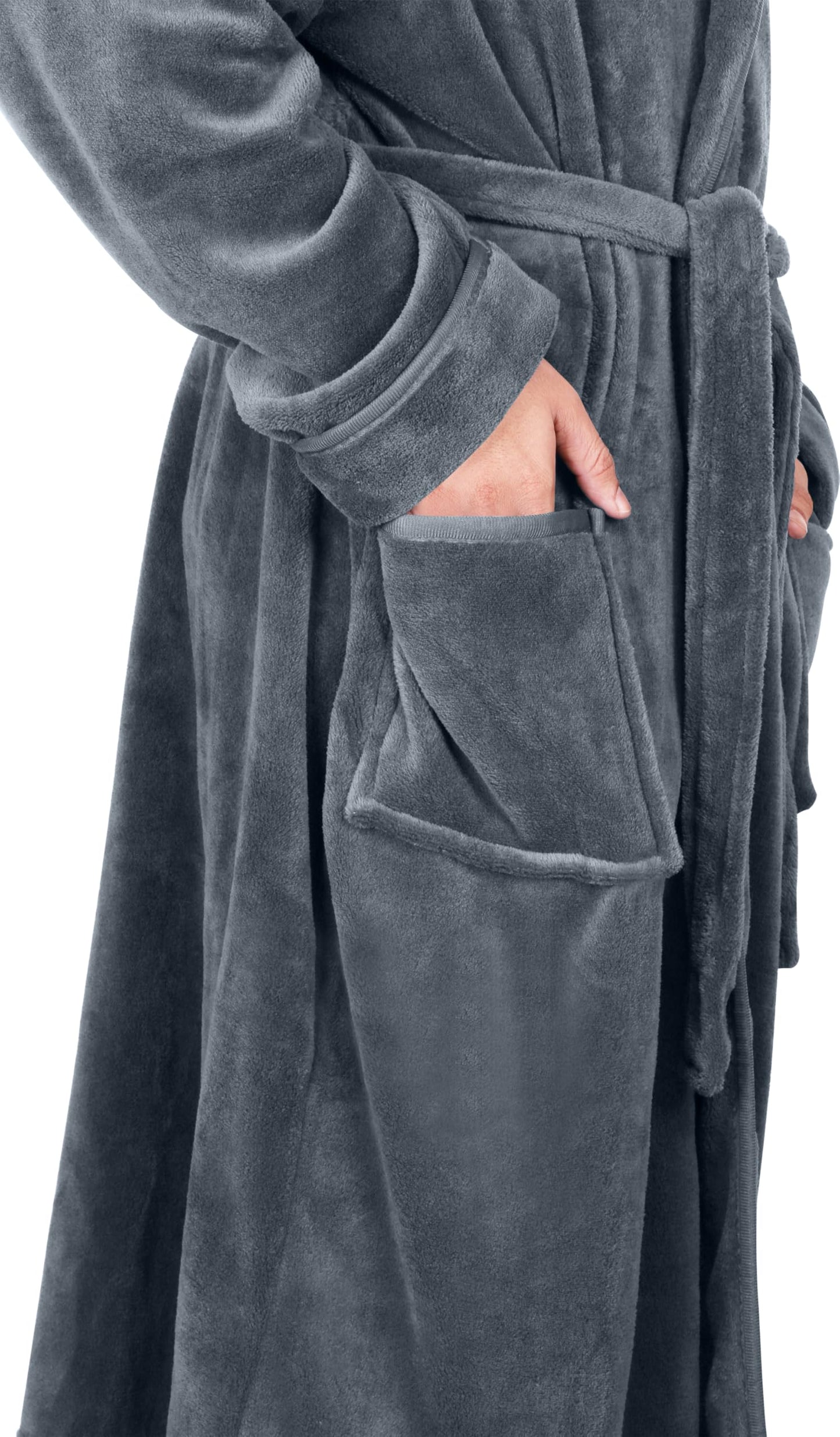 NY Threads Men's Hooded Fleece Bathrobe Plush Long Spa Robe, Grey, Large-X-Large