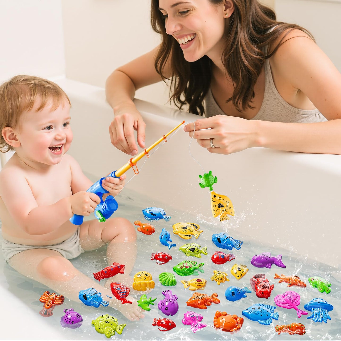 KIZONLY Magnetic Fishing Game for Kids 3-5 4-8 - Fish Toys for Kids 3-5, Bathtub Floating Fishing Pole, Water Table Pool, Rod Net and Pail, Bath Outdoor Gifts for Toddlers Age 3 4 5 6 7 8 Year Old