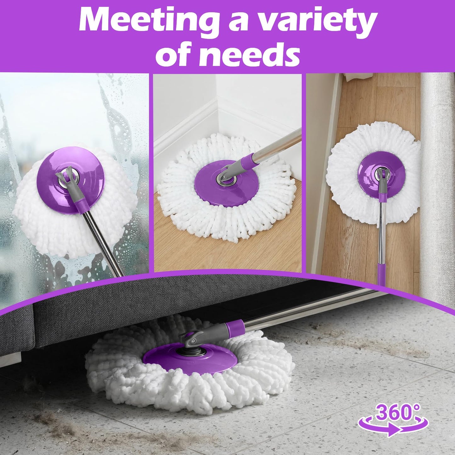 Almcmy Spin Mop and Bucket Set, Mop Bucket with Foot Pedal Wringer System, 3 Reusable Mop Refills, 130cm Long Handle, Easy Wring Magic Mop Floor Cleaning System, Purple