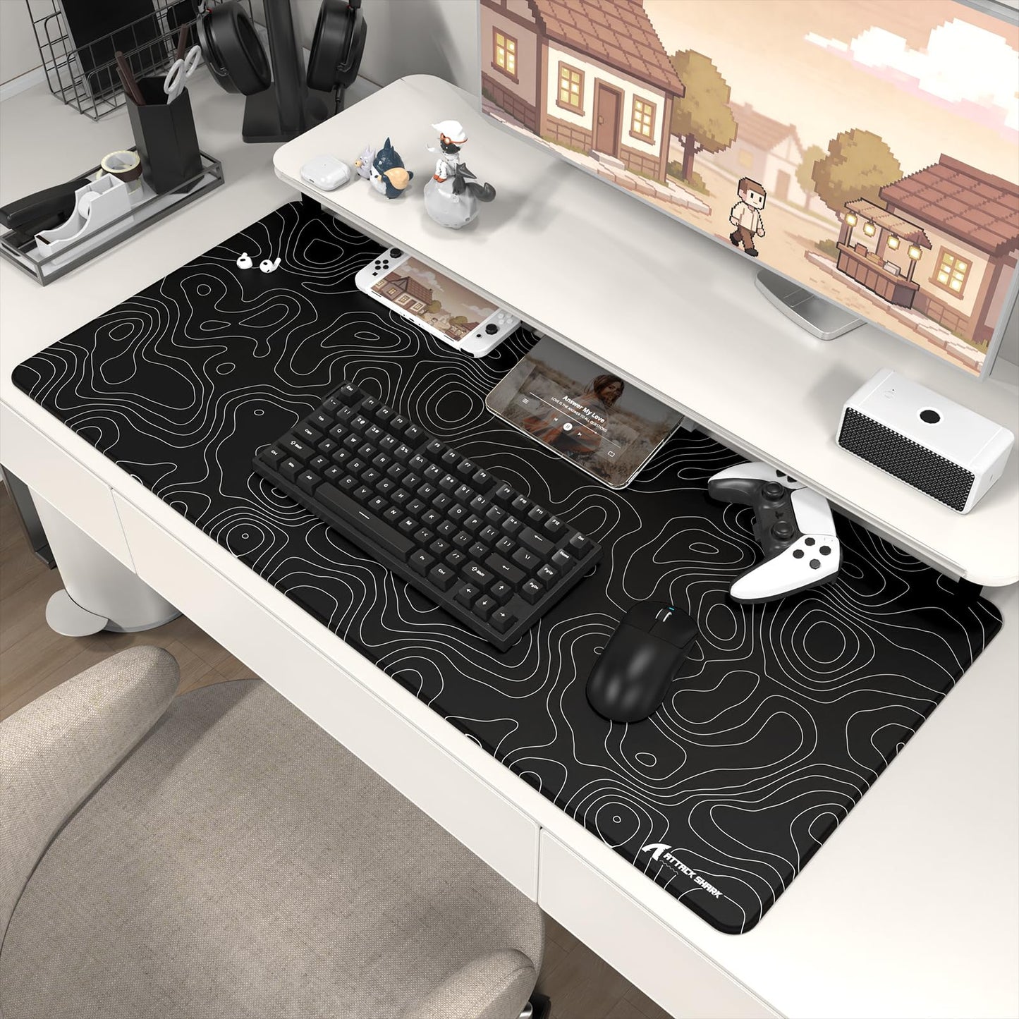 ATTACK SHARK CM02 PRO Extra Large Gaming Mouse Pad, with Anti-Slip Rubber Never-Slip Stability Esports Mousepad, XXL Full Desk Coverage for Writing Desk Office Home Laptop-Black Topographic Line