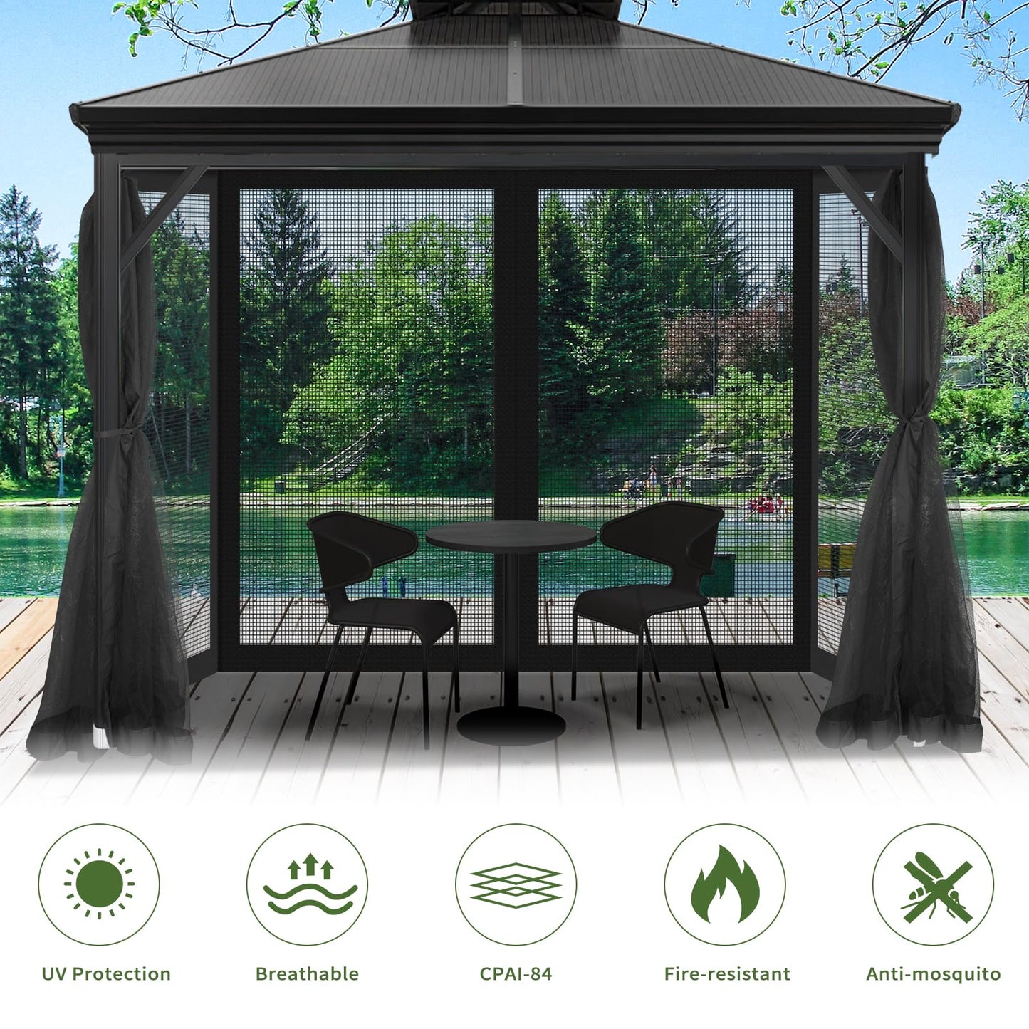 Gazebo Universal Replacement Mosquito Netting, 10' x 12' Outdoor Canopy Net Screen 4-Panel Sidewall Gazebo Curtains, with Zippers, Easy to Install, Fit for Most Gazebos 10x12 Canopy, Patio（Black）