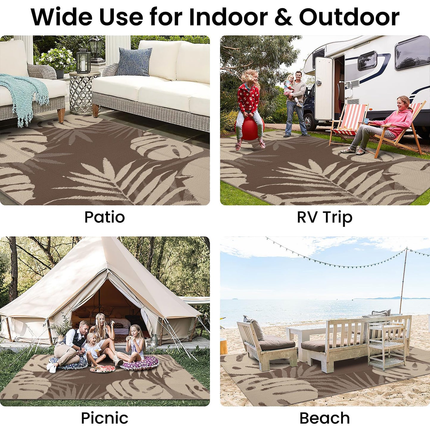 OLANLY Waterproof Outdoor Rug 4x6 ft, Plastic Reversible Patio Rug Outdoor Carpet, Large Leaf Outdoor Area Rug Deck Rugs for Patio, RV, Backyard, Deck, Picnic, Beach, Camping, Beige & Brown