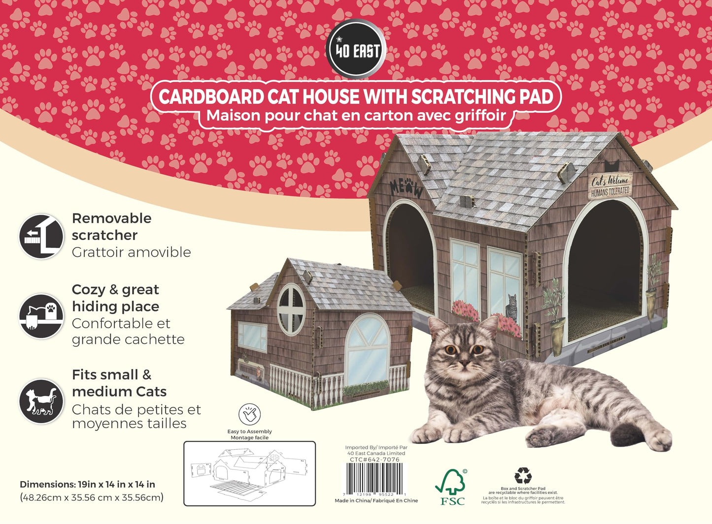 40EAST Cardboard Cat House Hideaway Playhouse with Cat Scratcher Scratching Pad_Cat Haven. (601, CH1, PAA230601)