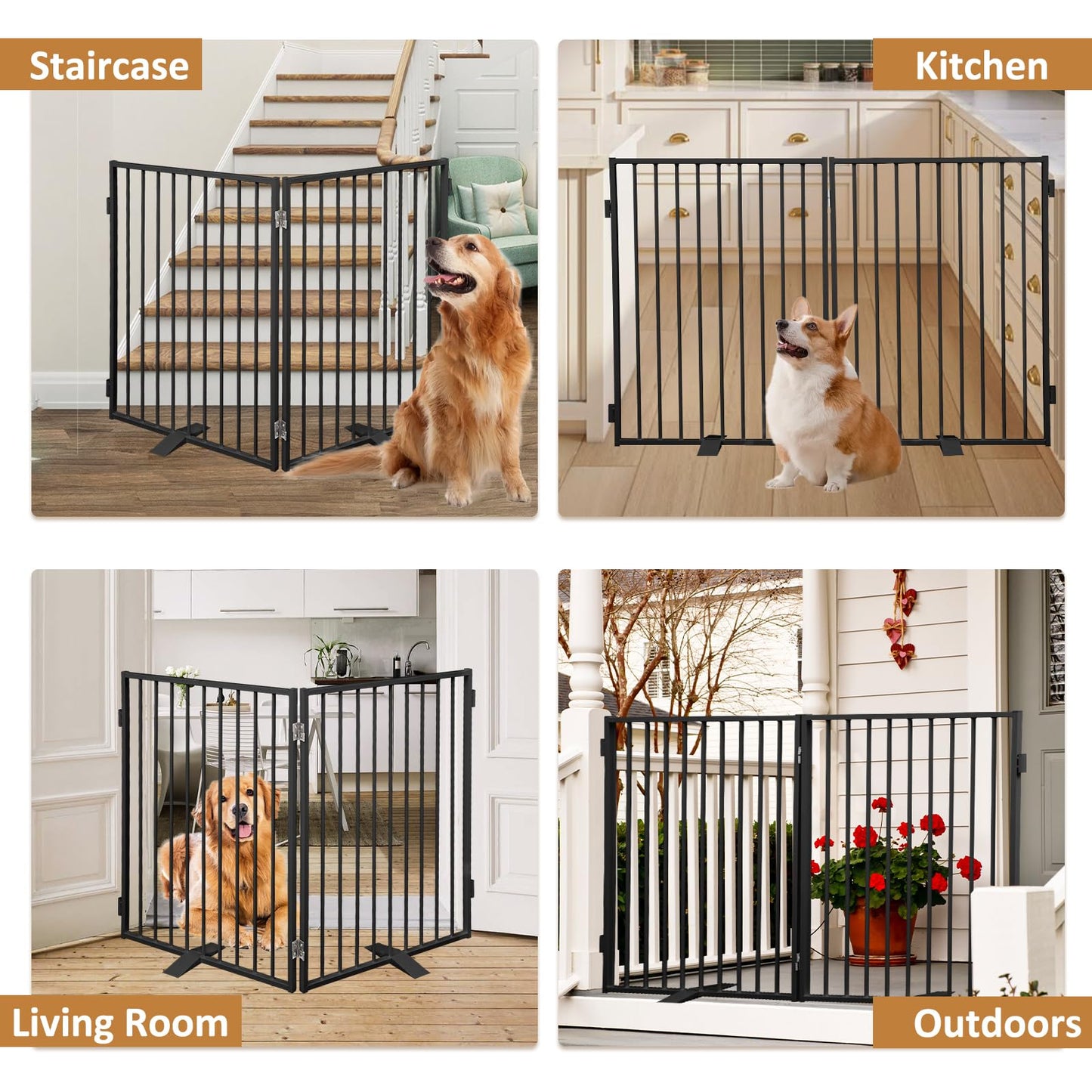 Metal Freestanding Dog Gates,Extra Wide 24", 32" Height Foldable Dog Fence for Indoor & Outdoor, Heavy Duty Freestanding Pet Barrier for Stairs, Doorways, Halls, Kitchen,Yard