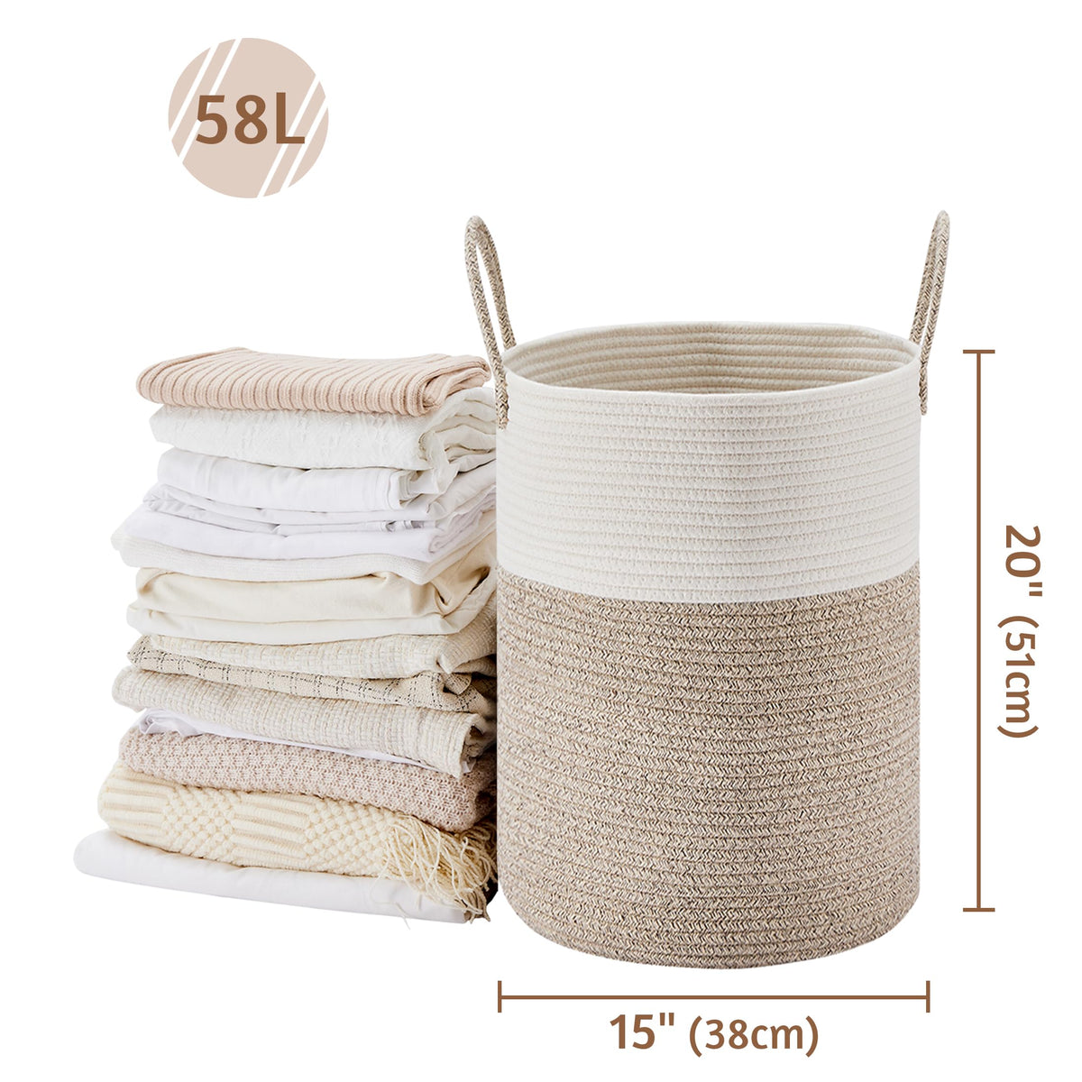 VIPOSCO 58L Tall Laundry Hamper, Woven Basket for Living Room, White Brown