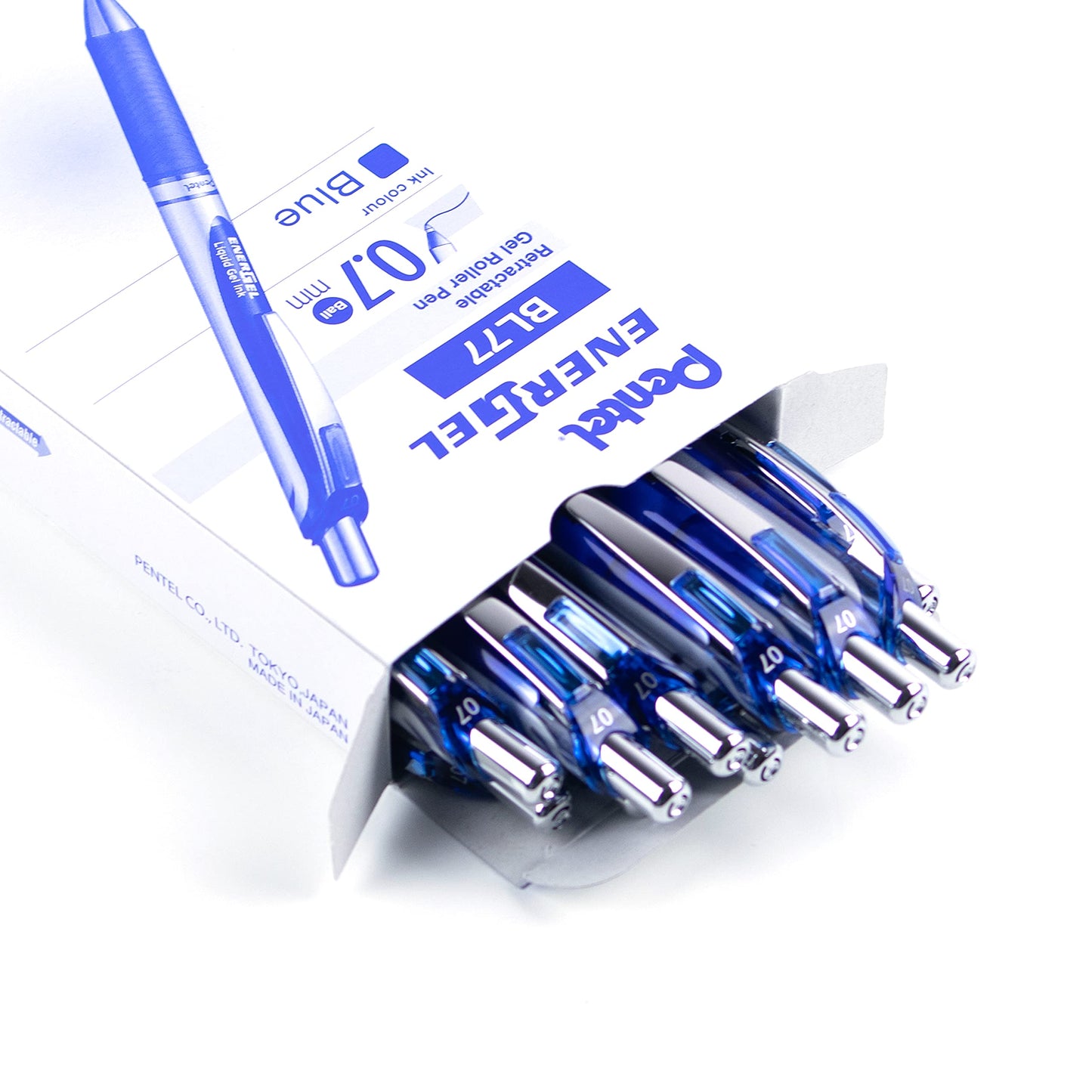 Pentel EnerGel Retractable Liquid Gel Rollerball, 0.7mm Medium Point, Blue Ink, Box of 12