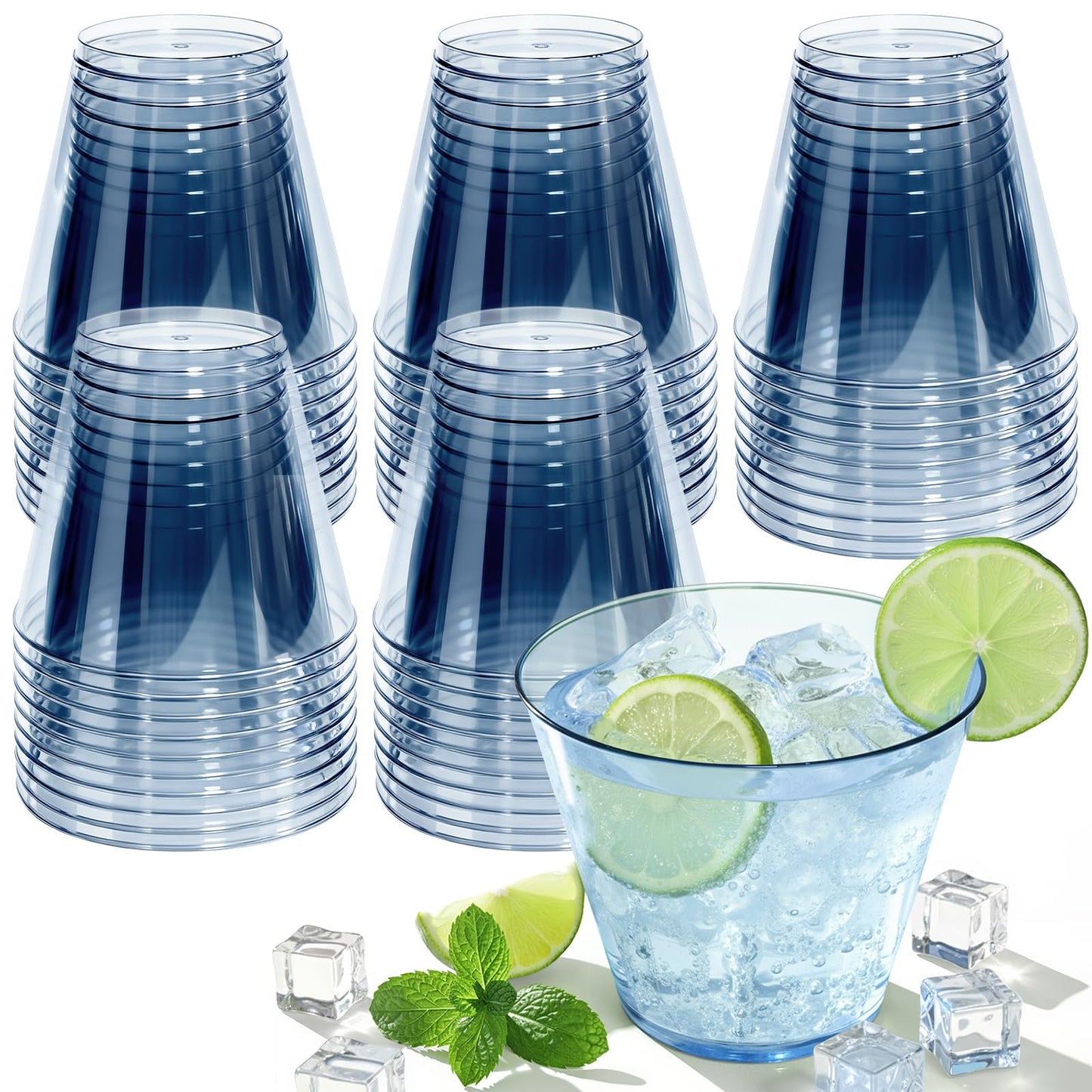 Glowserve 9 oz Clear Plastic Disposable Cups 150 PCS Blue Drinking Glasses for Cold Water Sturdy Plastic Tumblers for Cocktails Cups Bulk for Wedding Thanksgiving Christmas Party