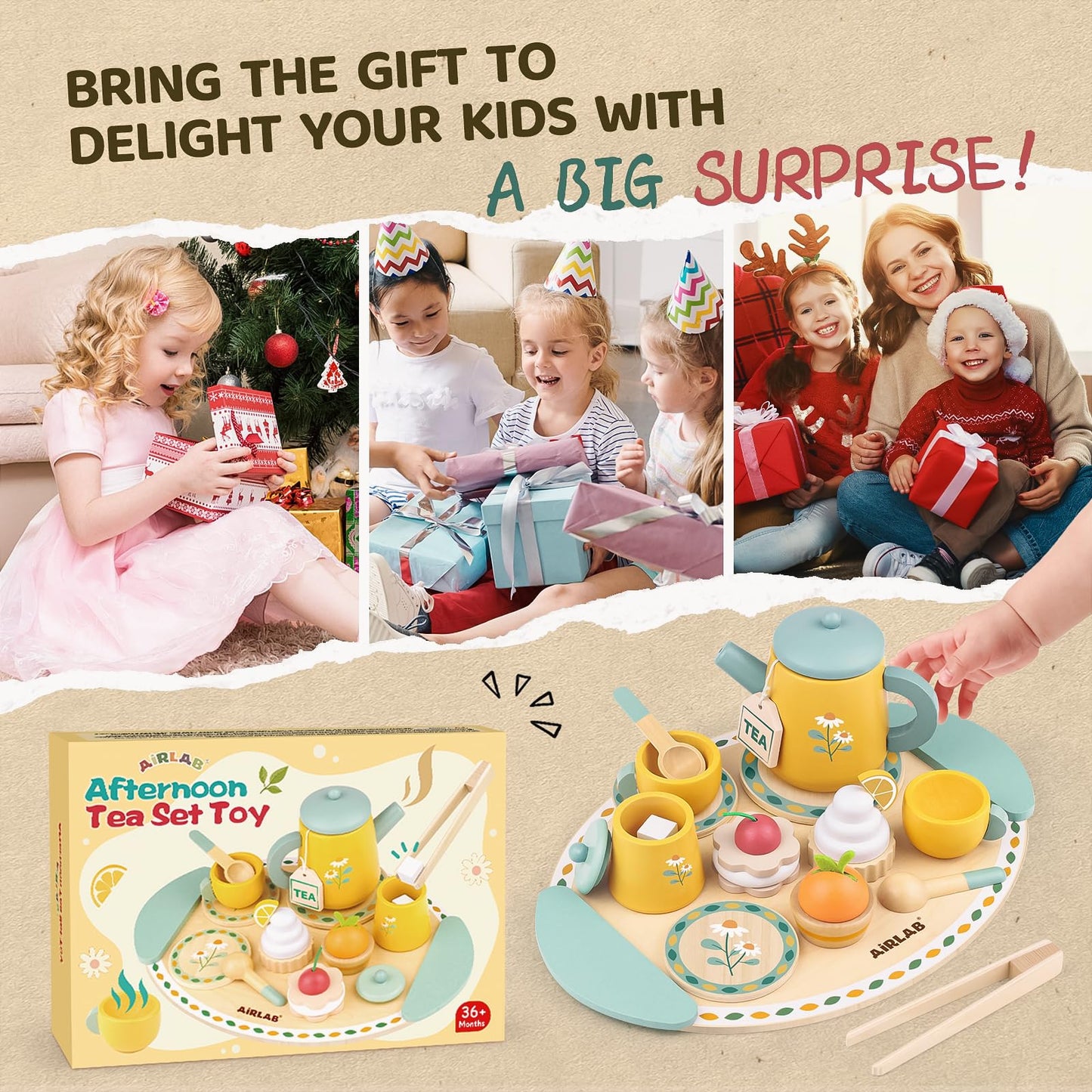 Airlab Tea Sets for Toddlers 3-5 Girl Birthday Gift 2 Year Old Princess Party Wooden Play Food Toy Sets for Kids Kitchen Accessories Age 3 4 5 6 Wood Educational Toys