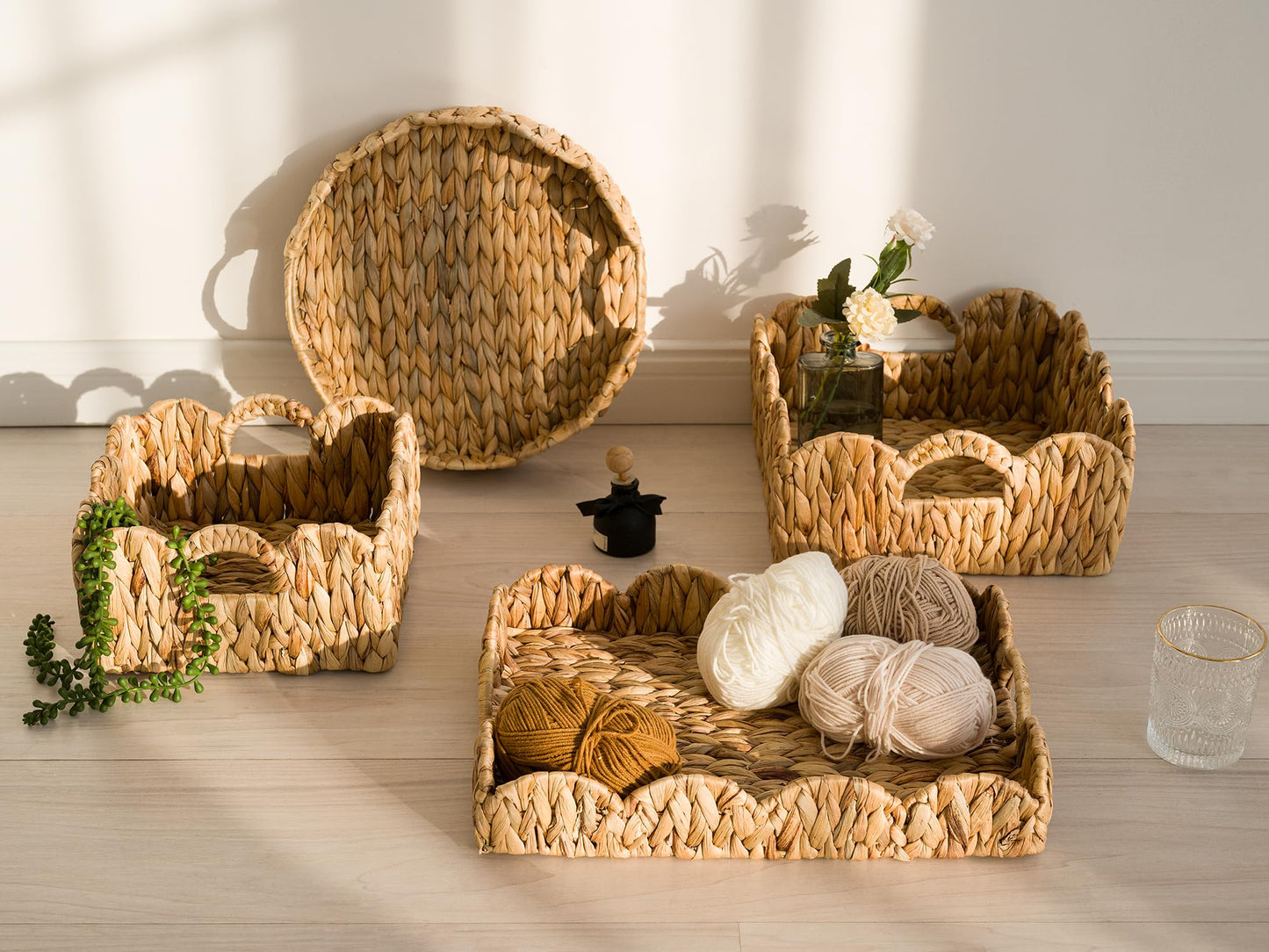StorageWorks Scalloped Wicker Basket, Hand-woven Rattan Baskets with Built-in Handles, Water Hyacinth Basket for Organizing and Decor, 2 Pack