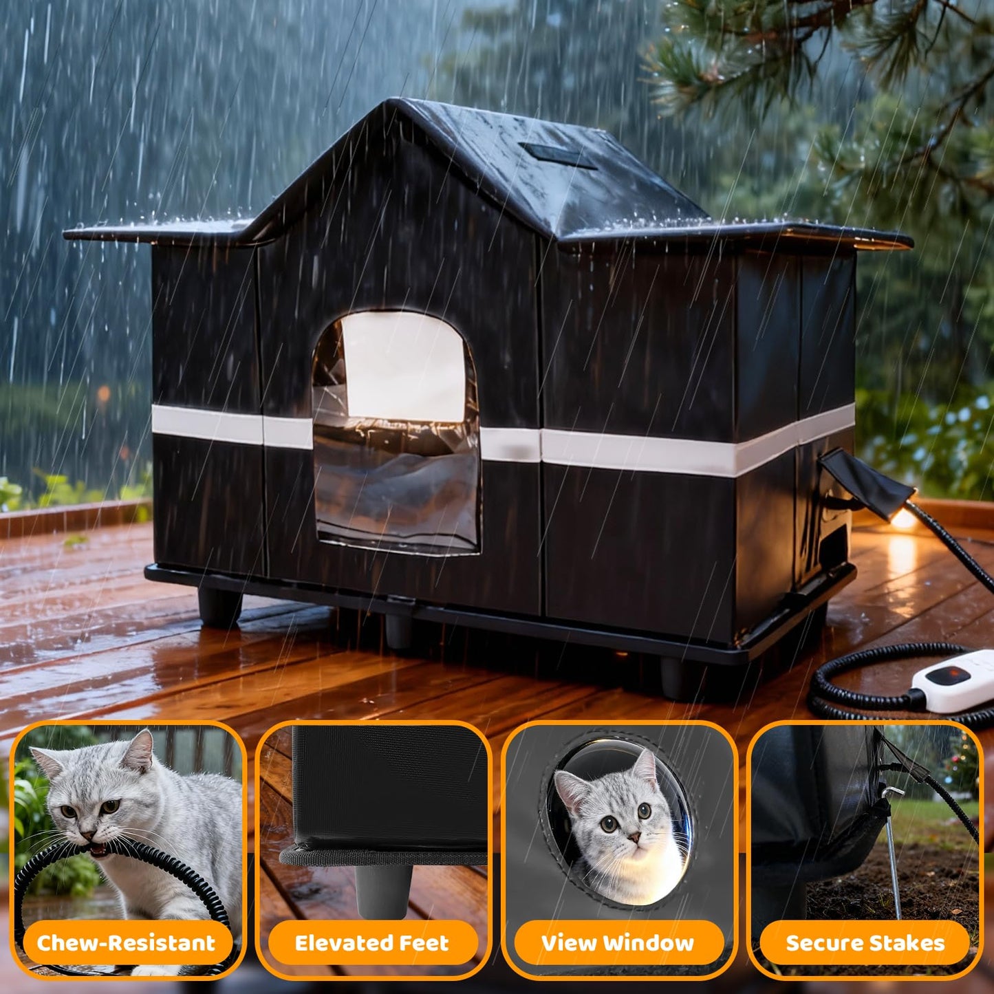 Homegroove Heated Outdoor Cat House, Large Weatherproof & Insulated Cat Houses for Outdoor Cats with Heating Pad, Roof Window & Elevated Base – Feral Cat Shelter for Stray & Feral Cats (Black)