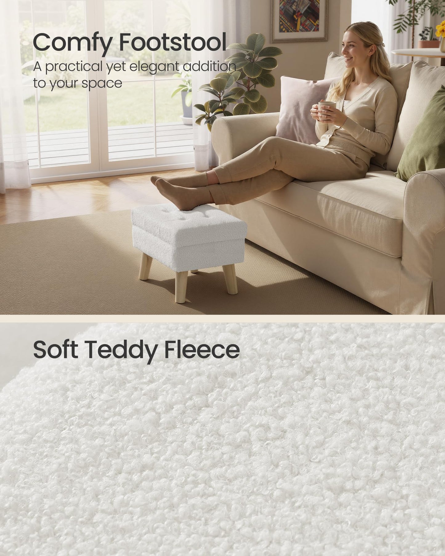 SONGMICS Storage Ottoman, Foot Stool, Ottoman with Padded Seat, Foot Rest with Wood Legs, Small Table, for Hallway, Living Room, 30 x 40 x 30 cm, Teddy Fleece, Cream White ULOM518WD01