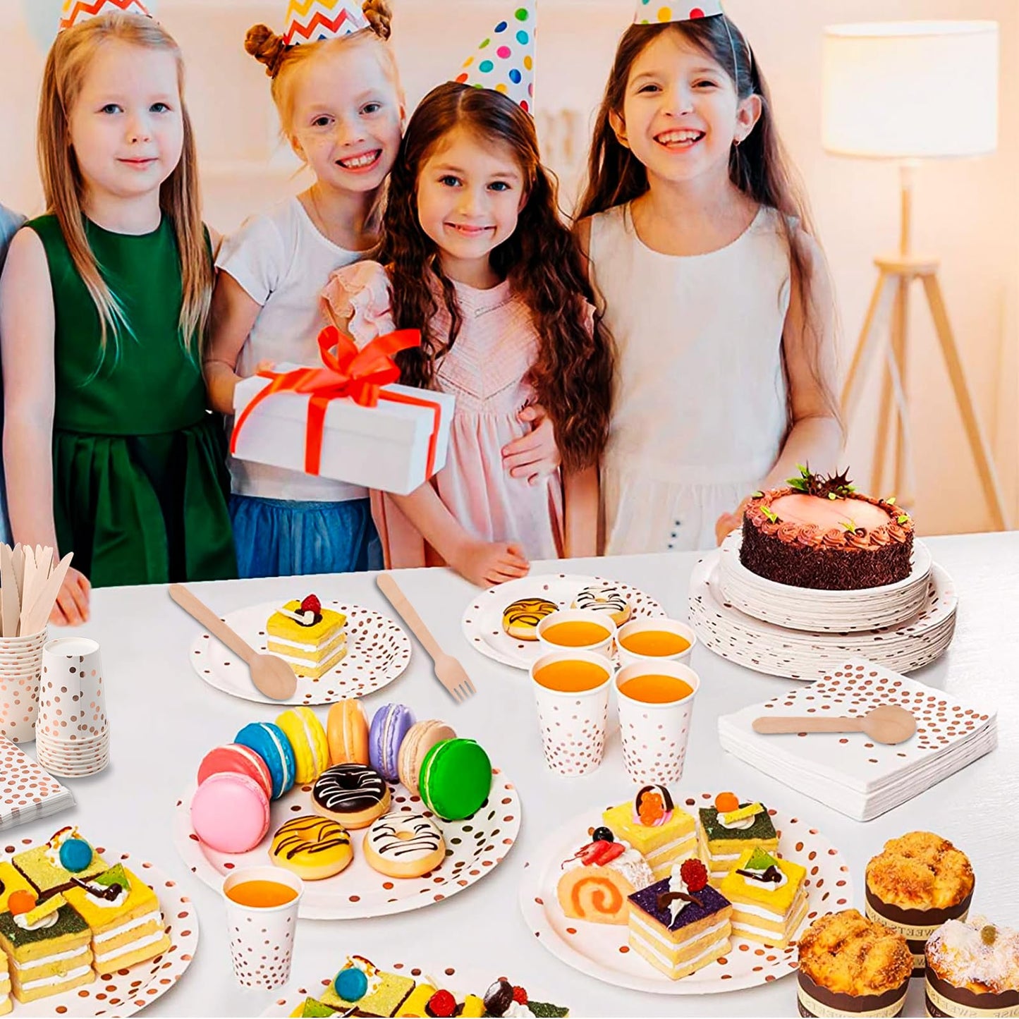 350Pcs White and Rose Gold Party Supplies, Disposable Dinnerware Set - Paper Plates Napkins Cups Plastic Forks Knives Spoons for Birthday Christmas Party Baby Shower New Years Eve Decor, Severs 50