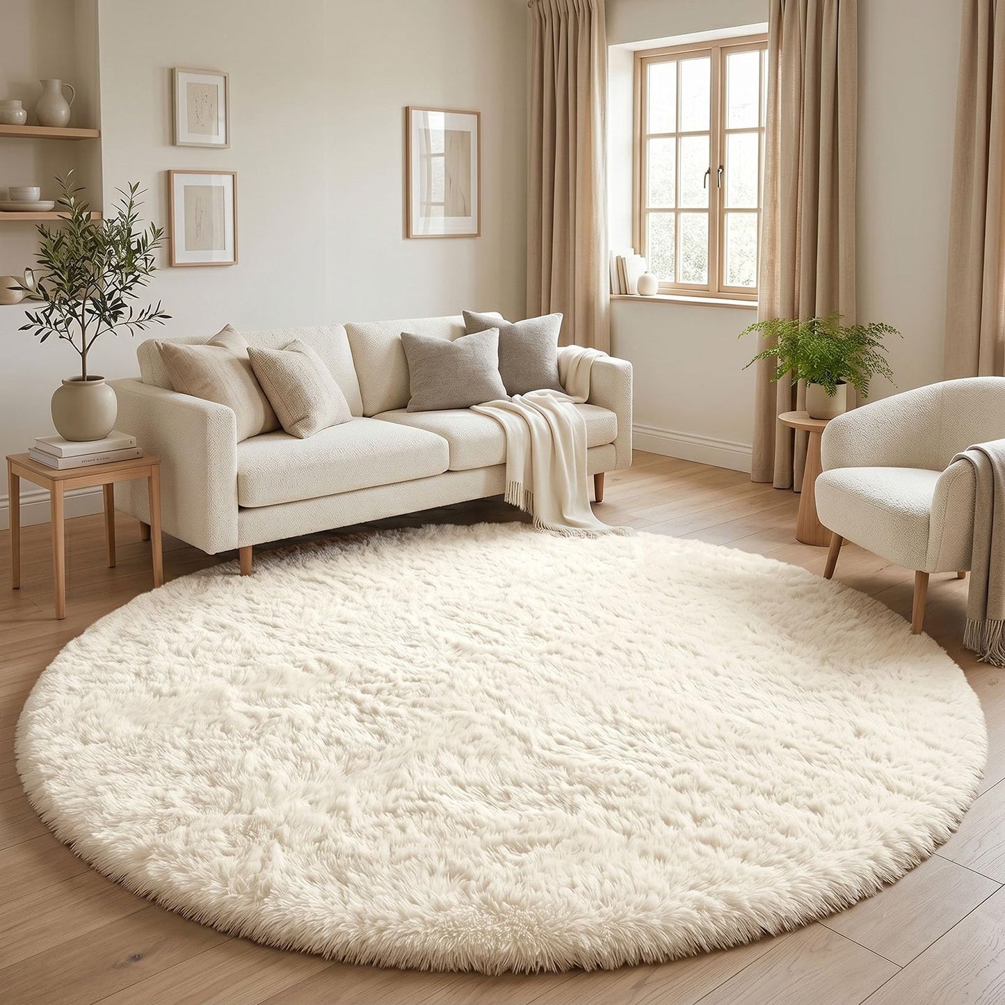 OLANLY Ivory Round Rugs for Bedroom, 5 Ft Machine Washable Circle Area Rugs for Living Room, Non-Slip Fluffy Carpet for Teen Girls and Boys, Dorms, Nursery Rooms, Home Decor Aesthetic