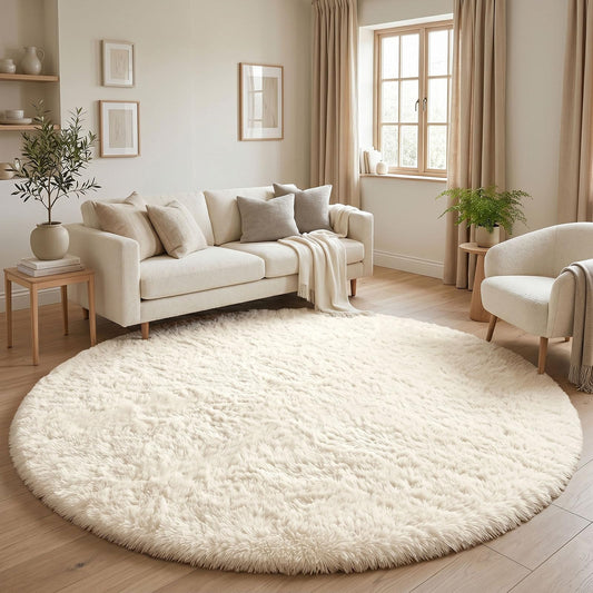 OLANLY Ivory Round Rugs for Bedroom, 5 Ft Machine Washable Circle Area Rugs for Living Room, Non-Slip Fluffy Carpet for Teen Girls and Boys, Dorms, Nursery Rooms, Home Decor Aesthetic