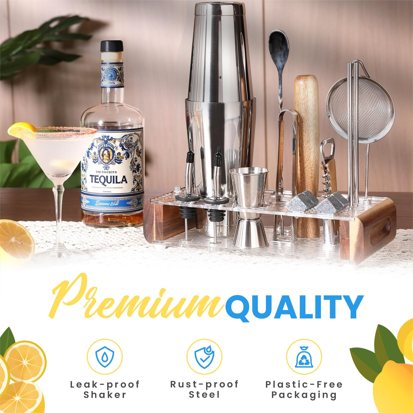 Mixology Bartender Kit with Wood Stand - 18 Piece Bar Tool Set, Silver Bar Set Boston Shaker for Drink Mixing Includes Boston Shaker, Jigger, Hawthorne Strainer, Mixer Spoon, Tongs, Opener | Gift Idea