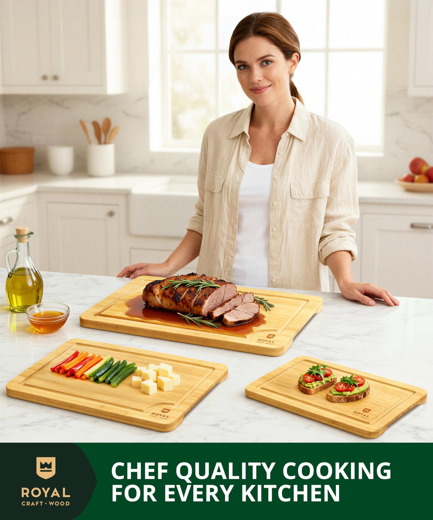 Large Wood Cutting Board Set for Kitchen - Luxury Bamboo Cutting Boards for Bread, Cheese, Fruits, Vegetables - Sturdy Chopping Boards & Butcher Block - Perfect Serving Tray and Charcuterie Boards