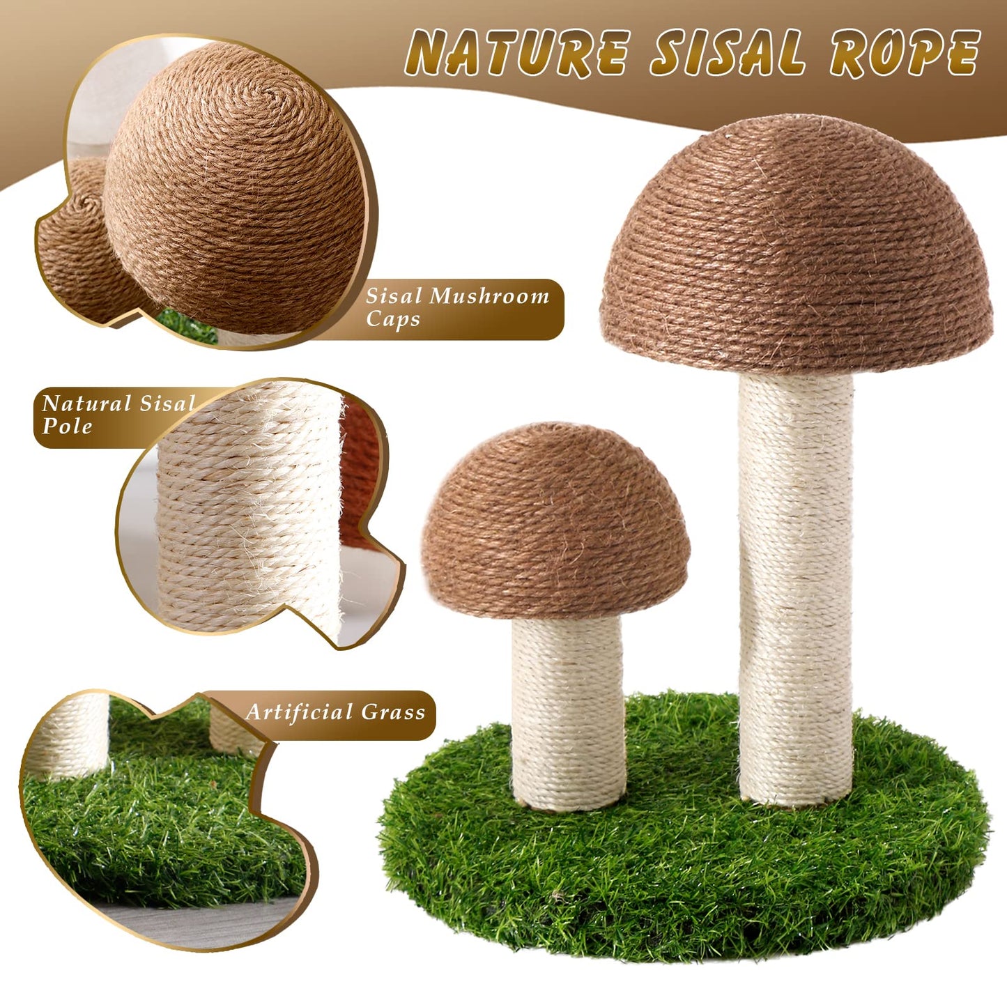 Lihaobm Cat Scratching Post - Mushroom Cat Scratcher Featuring with Natural Sisal Caps Scratch Pole and Sturdy Base for Kittens & Small Cats - Brown