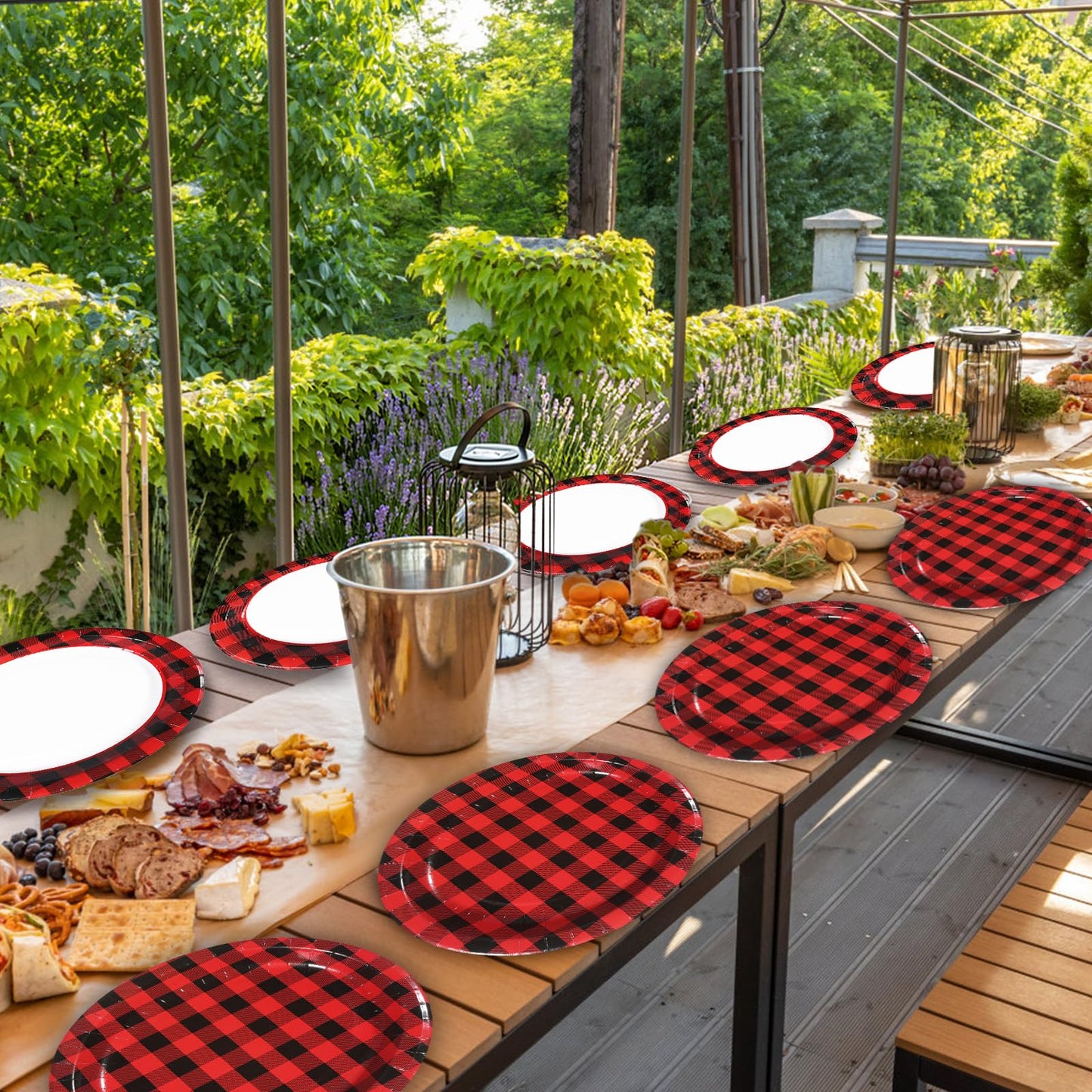 EggSun Red and Black Gingham Christmas Oval Paper Plates 10’’x 12’’, Large Disposable Heavy Duty red and black Gingham Plaid Paper Plates for Birthday Wedding Baby Shower Tea Party Supplies, 50 Guest