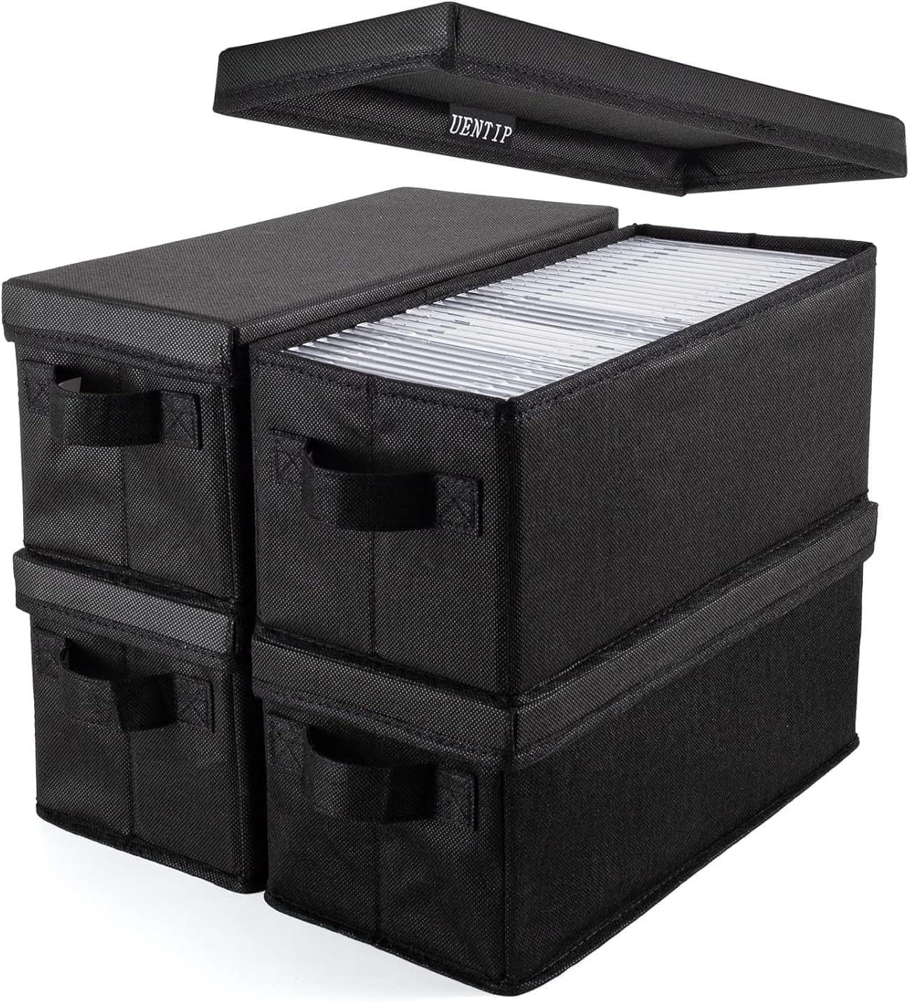 UENTIP CD Storage Boxes with Lid-13.2" x 5.9" x 5.3" (Black, CD BOX-4PACK)
