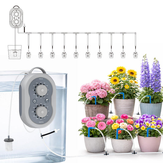 MIXC Automatic Drip Irrigation Kit for Indoor, 33 FT Drip Irrigation System with Programmable Water Timer, Plant Waterer Indoor Self Watering System for 10 Pots Plants with Transparent Silicone Tubing
