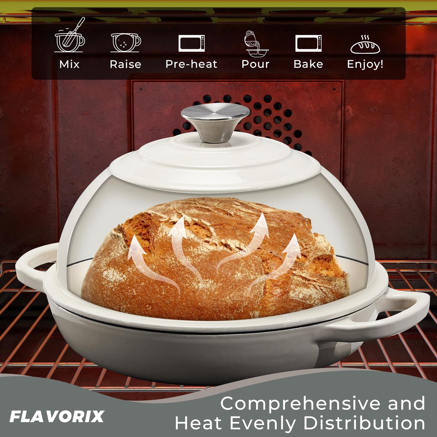 FLAVORIX Enameled Cast Iron Bread Oven for Sourdough, Dutch Oven for Bread Baking with Lid, Dutch Oven Bread Pan, 6 Qt, White