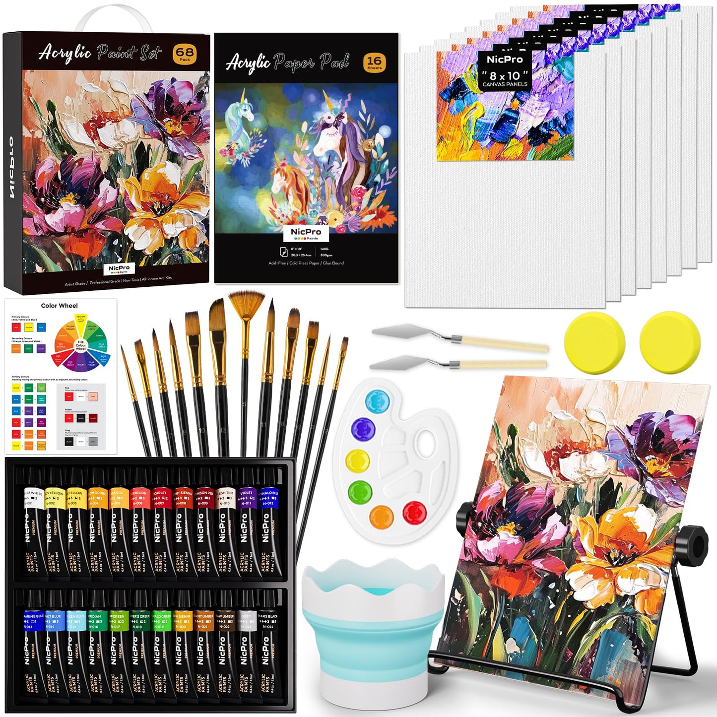 Nicpro 68PCS Acrylic Paint Canvas Set for Adults & Fluid Art Painting Supplies Kit with 24(0.4/OZ) Paints,Table Easel,8 Canvas Panels,12 Brushes,Paper Pad,Cleaning Cup,Sponge,Palette for Artist Beginner