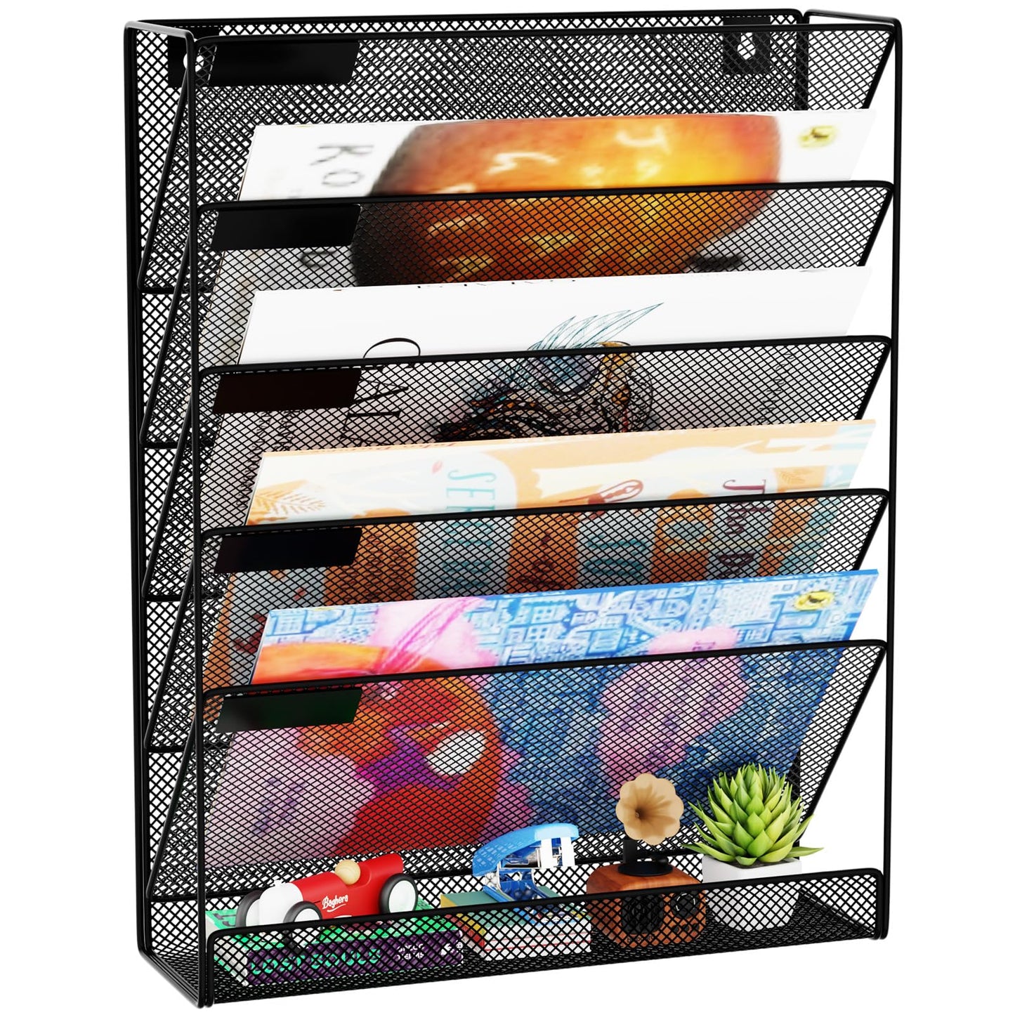 GDINDINFAN Wall File Organizer Holder Mesh Hanging Paper Document Holder,Vertical 6 Pocket Tier for Office Home, Black