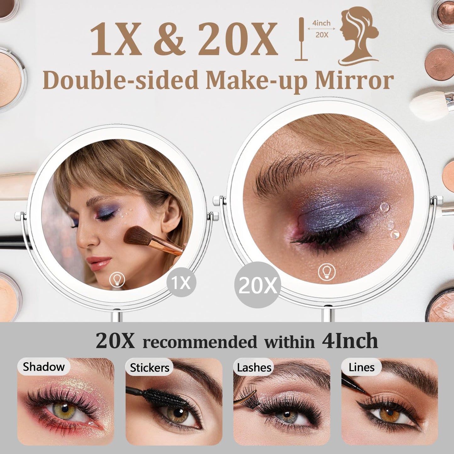 9in Vanity Mirror with Lights, Rechargeable 5000mAh Lighted Makeup Mirror, 1X/20X Double Sided Magnifying Mirror, 360° Rotate, 3 Color Lights, Brightness Adjustable with 60 LEDs,Up to 3800lux, Silvery