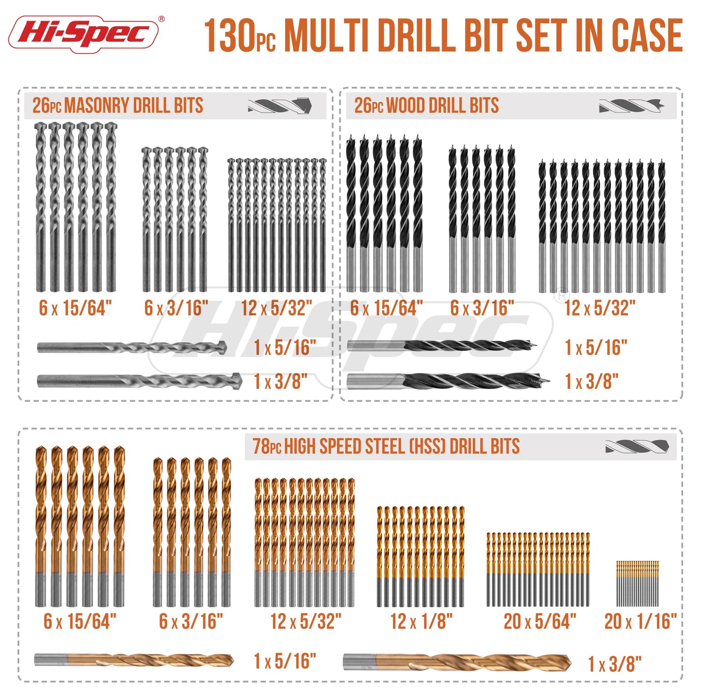 Hi-Spec Titanium Twist Drill Bit Set 130pc – 11 Sizes 1/16in to 3/8in – HSS Titanium, Masonry & Brad Point Steel Bits – Drill Bits for Metal, Wood, Plastic, Drywall, Brick & Concrete – with Tray Case