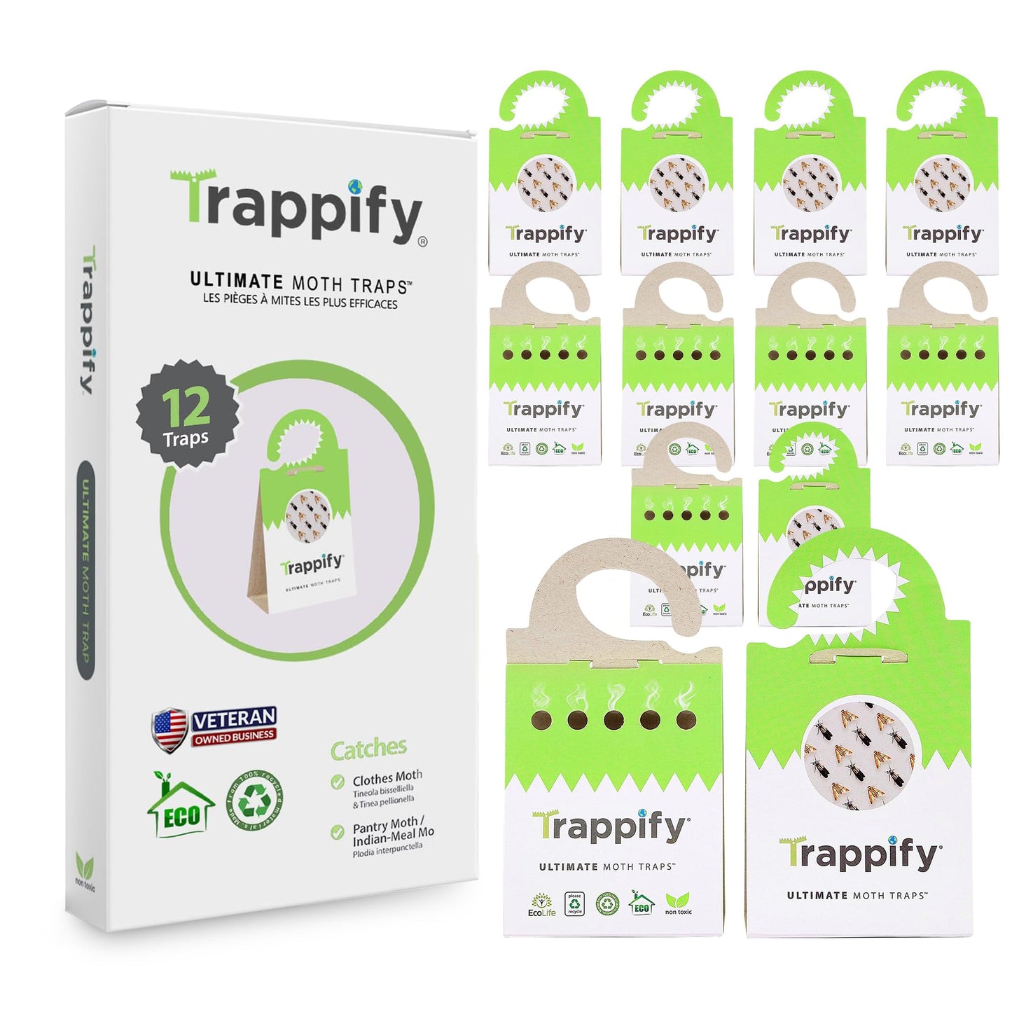 Trappify Ultimate Moth Traps: Moth Balls, Adhesive Moth Traps for Clothes - Effective Pantry Moth Traps for Home, Kitchen, Closet, Cabinet, Storage Rooms, Cupboard |Easy Setup (12 Pack)