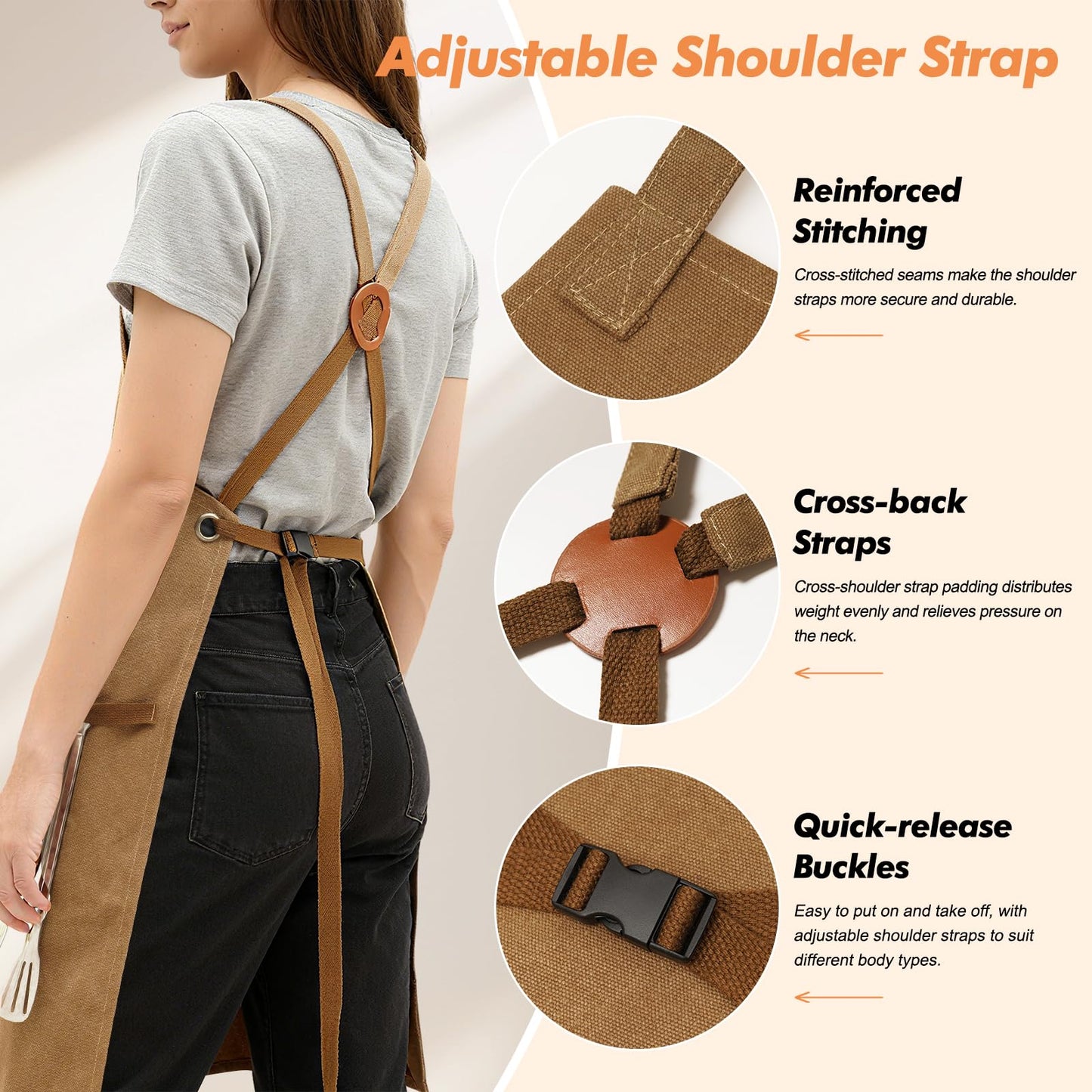 Fammio Chef Apron for Men BBQ, 16oz Cotton Canvas Aprons with 7 Pockets/Cross Back Straps/Quick Release Buckle, Durable Heavy Duty Apron for Kitchen Cooking, Paiting, Baking (Camel,L)