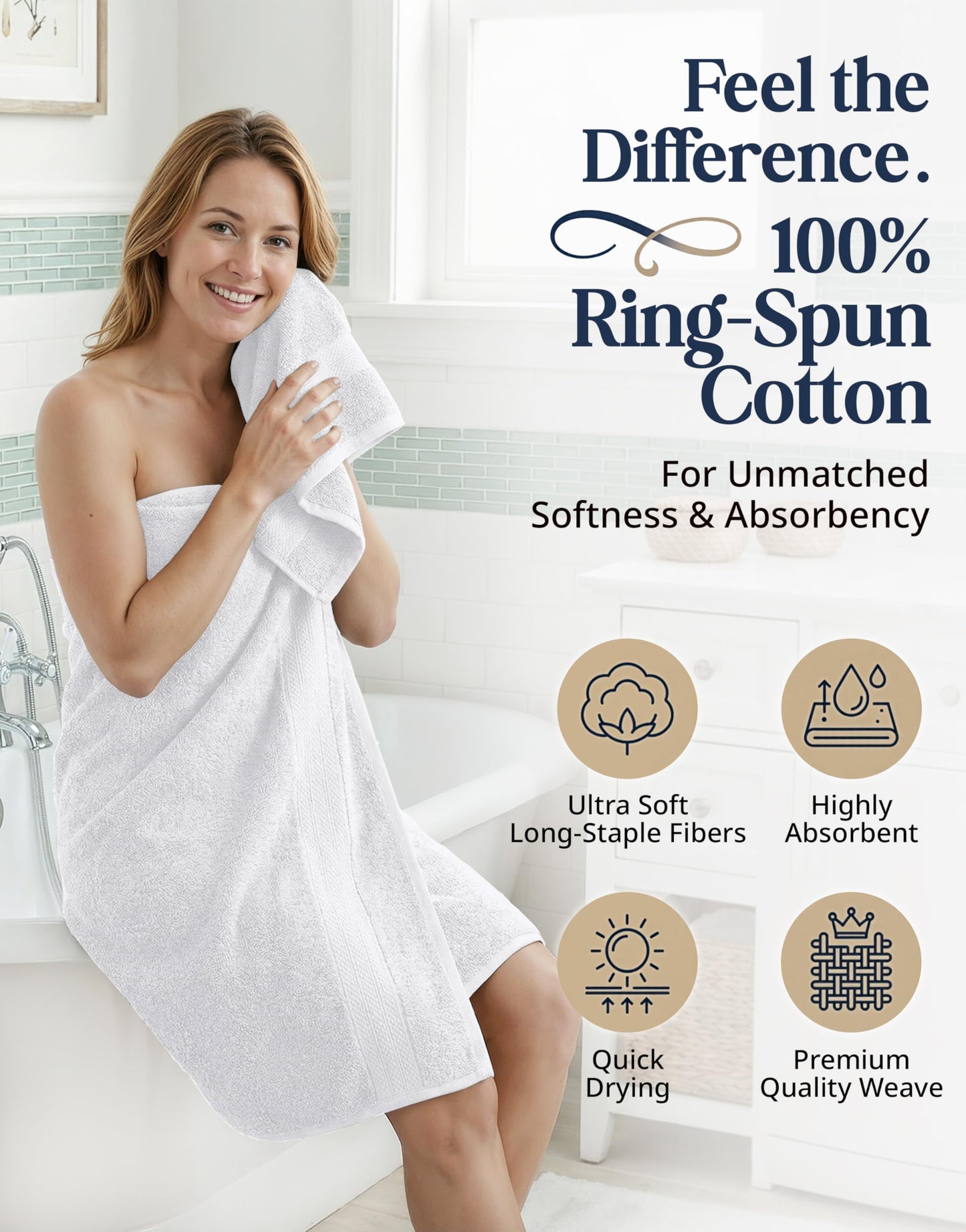 White Bath Towels for Bathroom Set-100% Cotton 6 PC Bathroom Towels, Super Soft Hotel Collection Bath Towels Set - 2 Bath Towel Set, 2 Hand Towel, 2 White Washcloths - White Towels Bathroom Sets