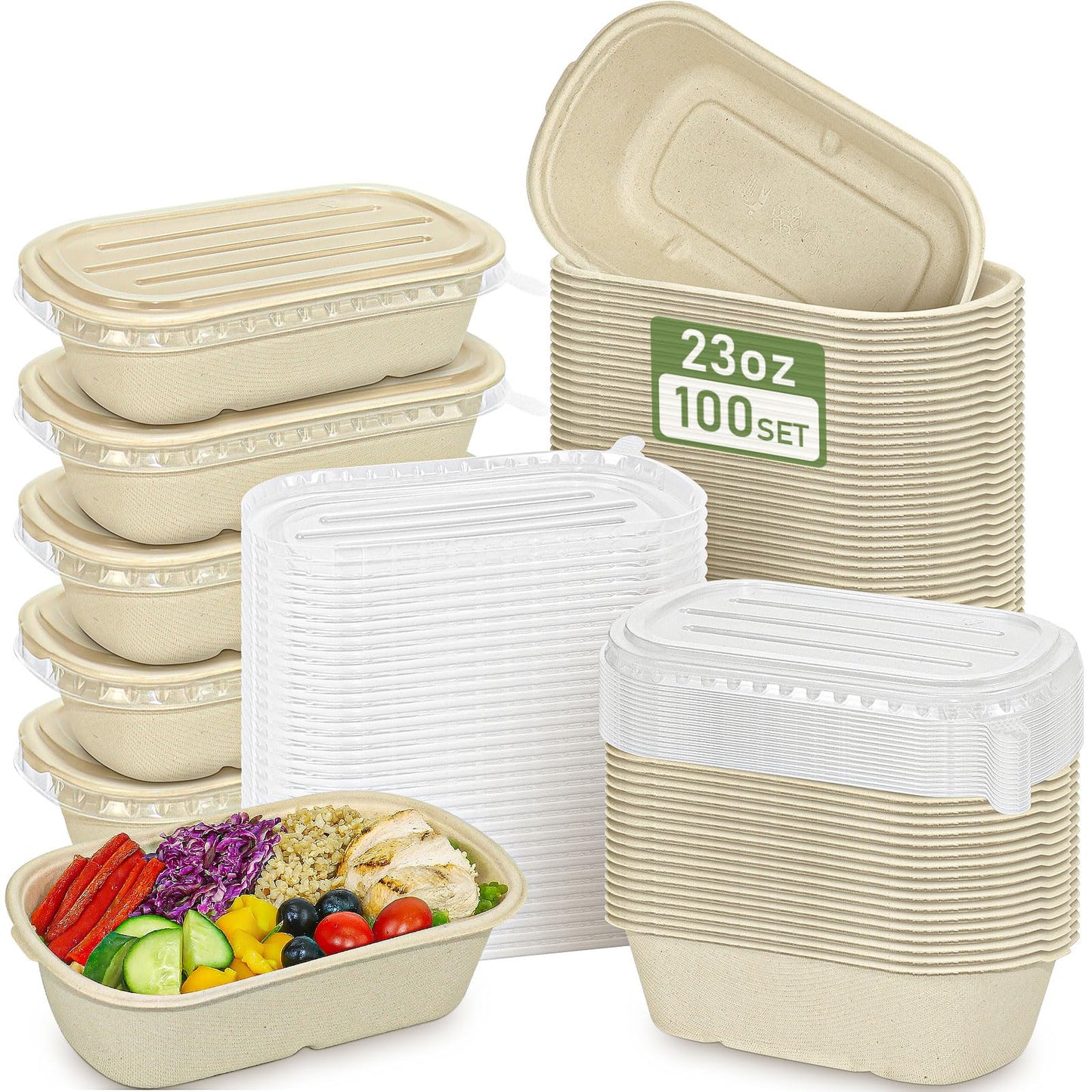 100 Pack Disposable Paper Bowls with Lids,23 oz Meal Prep Containers Rectangle Soup Bowls Leakproof Deli Food Container Hot Cold Food Serving Bowl for Treat Salad