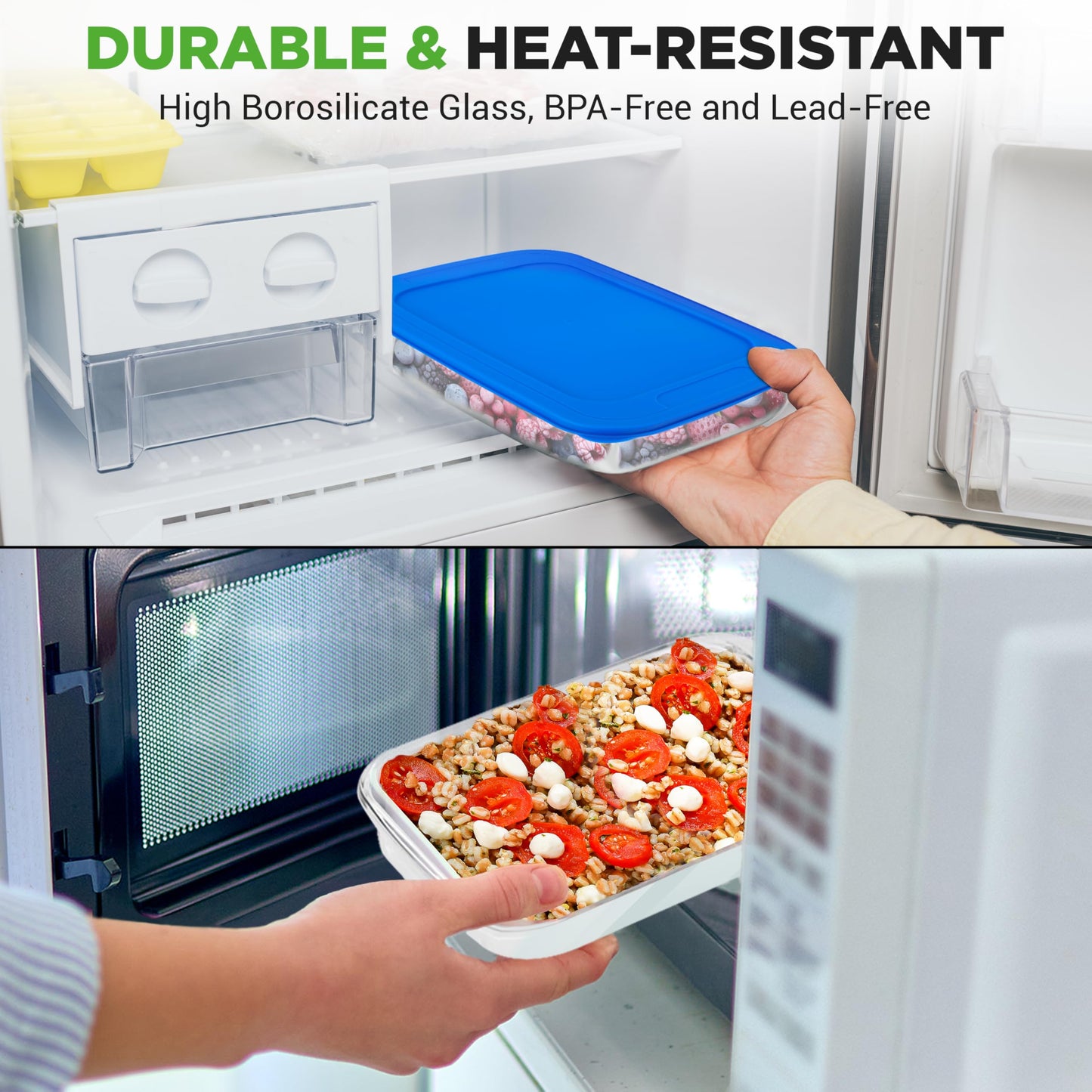 Nutrichef 4 Sets Glass Bakeware-High Borosilicate Rectangular Glass Baking Dish w/Blue BPA-Free PE Lids, Freezer-to-Oven Home Kitchen Bake Casserole Food Storage Stackable Tray Pan, Dishwasher Safe