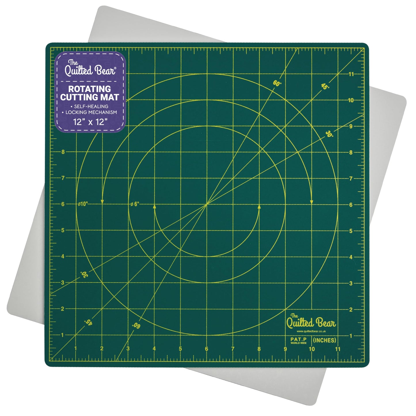 The Quilted Bear Rotating Cutting Mat - 12"x 12" Square Self Healing 360° Rotating Craft Cutting Mat with Innovative Locking Mechanism for Quilting & Sewing (Green)