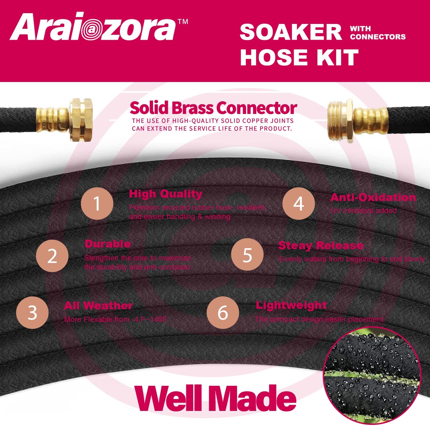 Soaker Hose 100 FT for Garden Beds,Heavy Duty Solid Brass Connector 1/2“ Ruber Drip Irrigation for Flower Bed&Yard,Landscaping