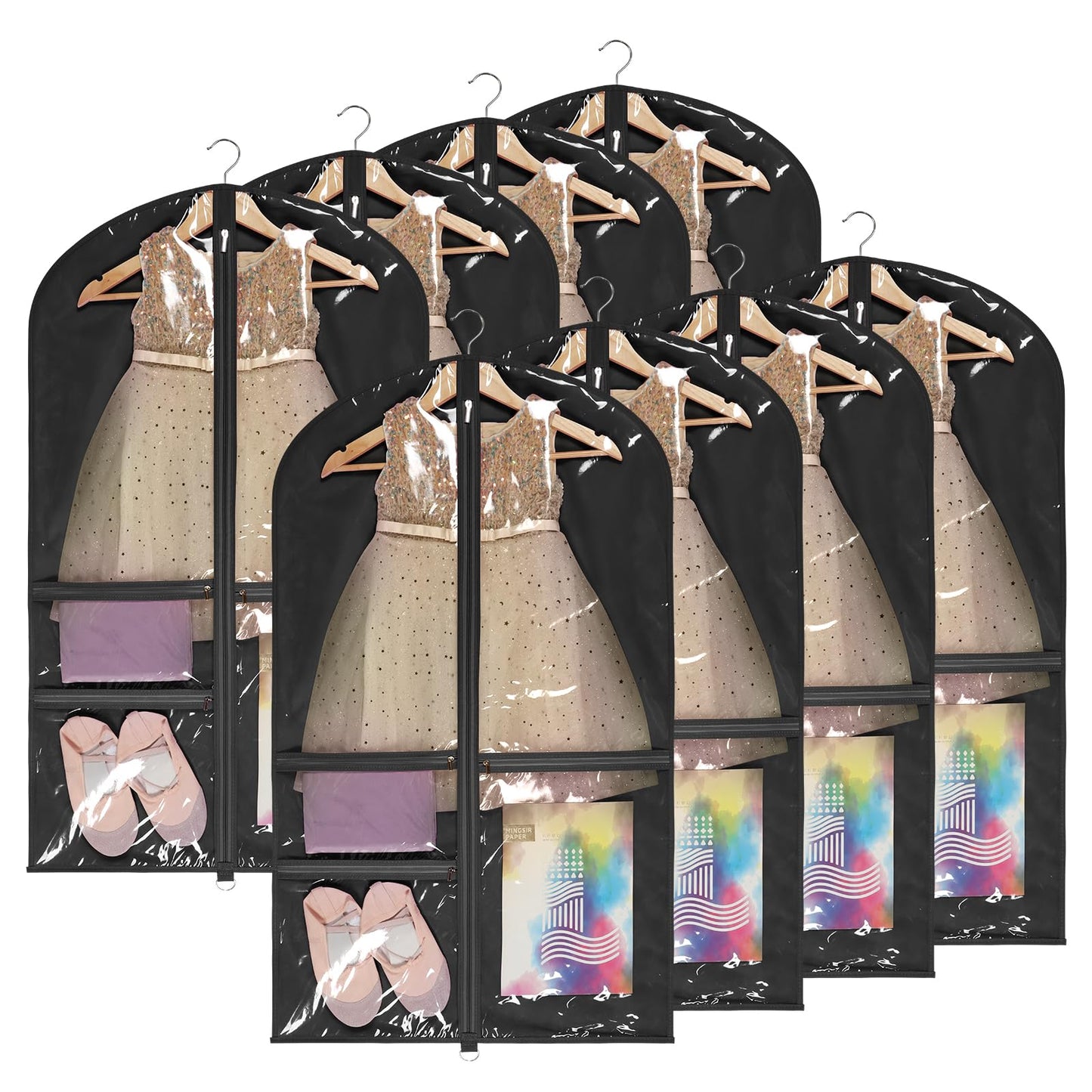 KEEGH Dance Costume Bags Garment Bag 40 Inch Hanging Clothes for Dance Competitions, with 3 Medium Clear Zipper Pockets for Dance Costumes, Closet Storage (Black) - 8 Pack