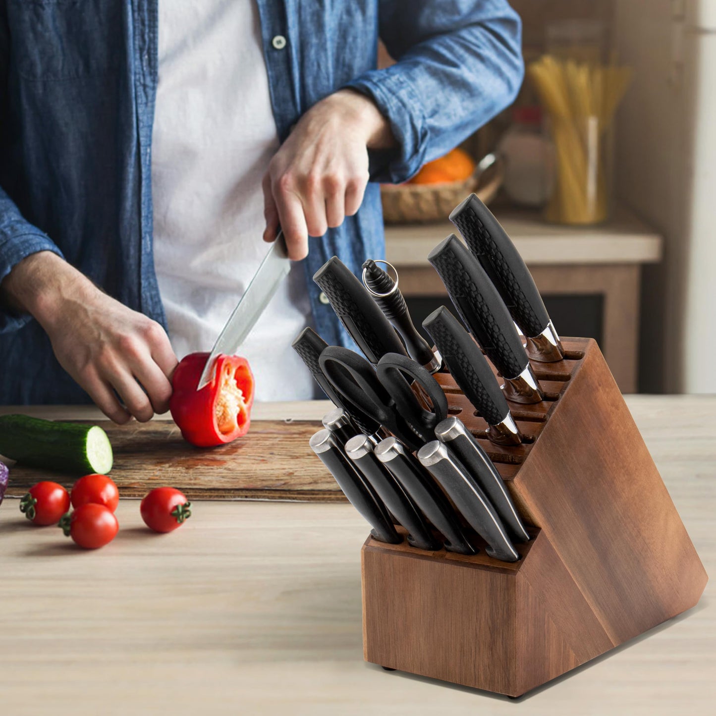 20 Slots Knife Storage Without Knives - Universal Acacia Wood Knife Holder for Kitchen Countertop, Large Butcher Block Organizer, Easy