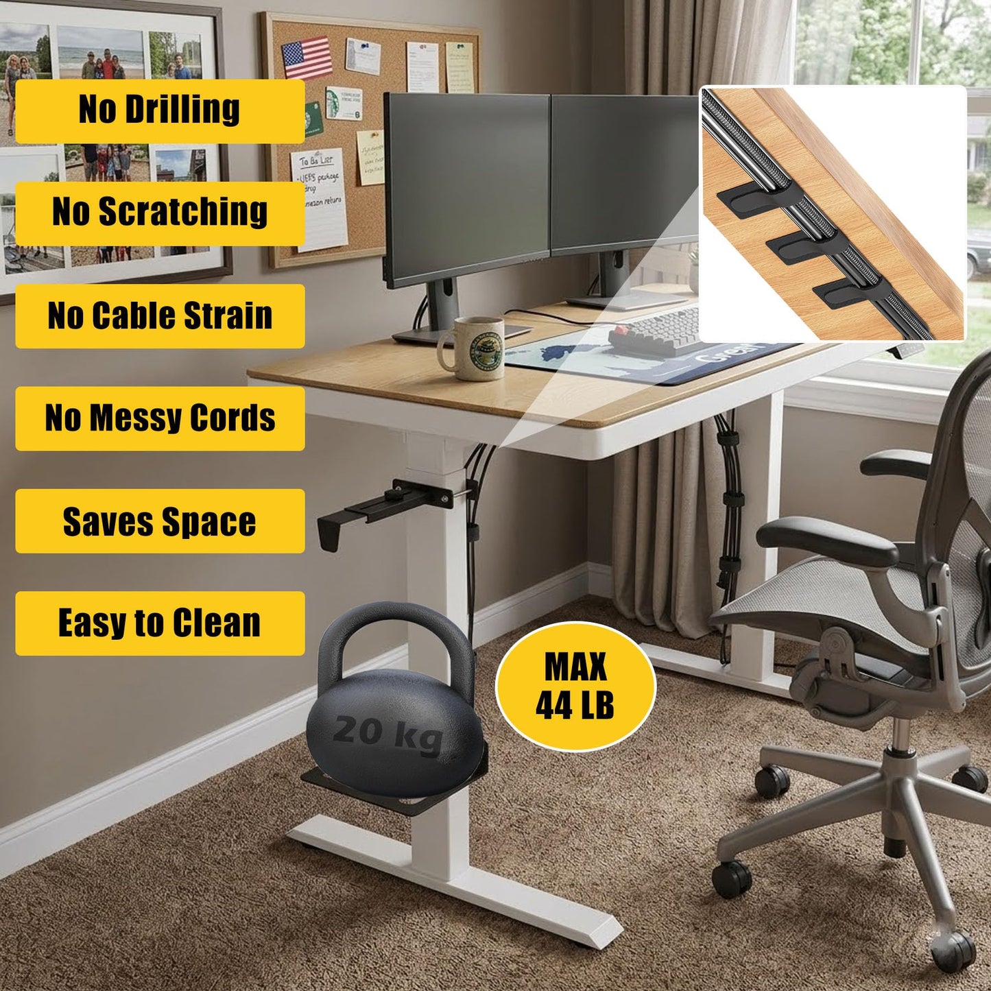 Under Desk PC Mount for Standing Desk, Universal Clamp-On PC Desk Mount with 10PCS Adhesive Cable Clip, No Drilling Heavy Duty Adjustable Computer Case CPU Holder Fits Most Towers, Holds Up to 44Lbs