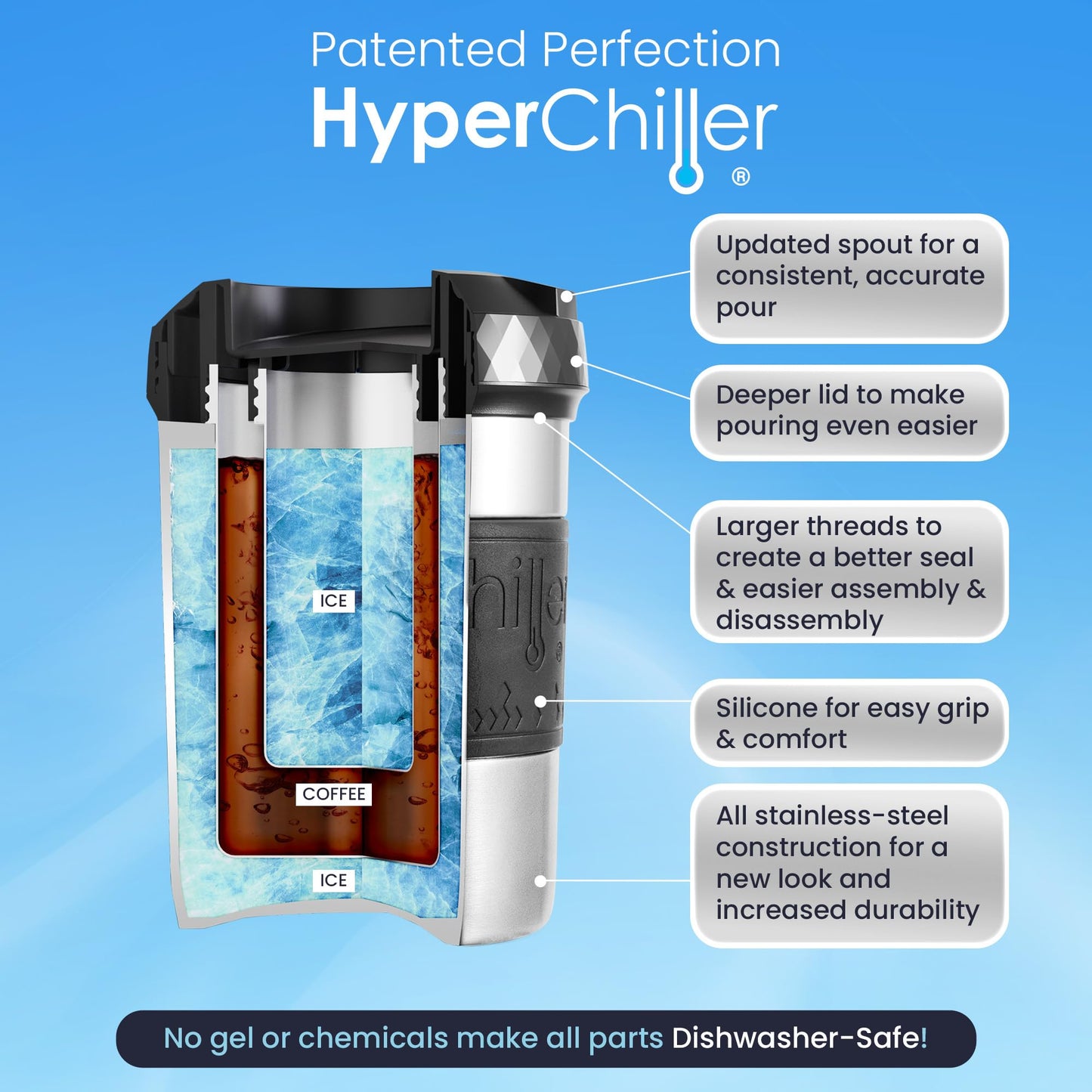 HyperChiller The Original but NEW Stainless-Steel HC2SS Patented Iced Coffee/Beverage Cooler Ready in One Minute, Reusable for Iced Tea, Wine, Spirits, Alcohol, Juice, 12.5 oz, Stainless Steel