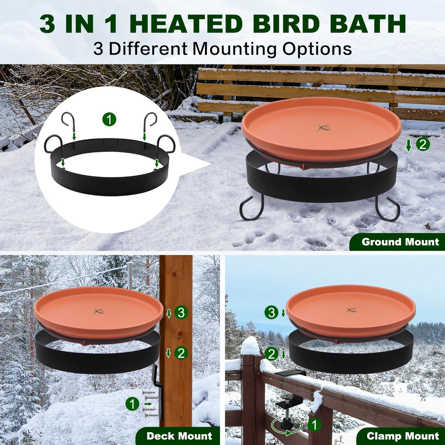 GESAIL Heated Bird Bath for Outdoors for Winter, 3 Easy Ways to Mount Detachable Bird Bath Bowl, 75W Heated Bird Baths with Thermostatically Controlled for Garden Yard Patio Lawn, Terracotta
