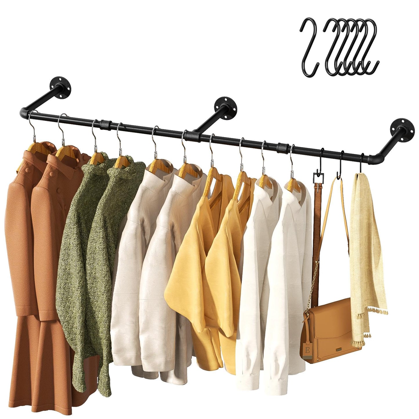 Pickpiff Vintage Clothes Rack, 55" Industrial Pipe Wall Mount Garment Rack, Space-Saving Heavy Duty Clothes Hanger for Closet Storage, 3 Bases, 1-Pack with 6 S-Hooks