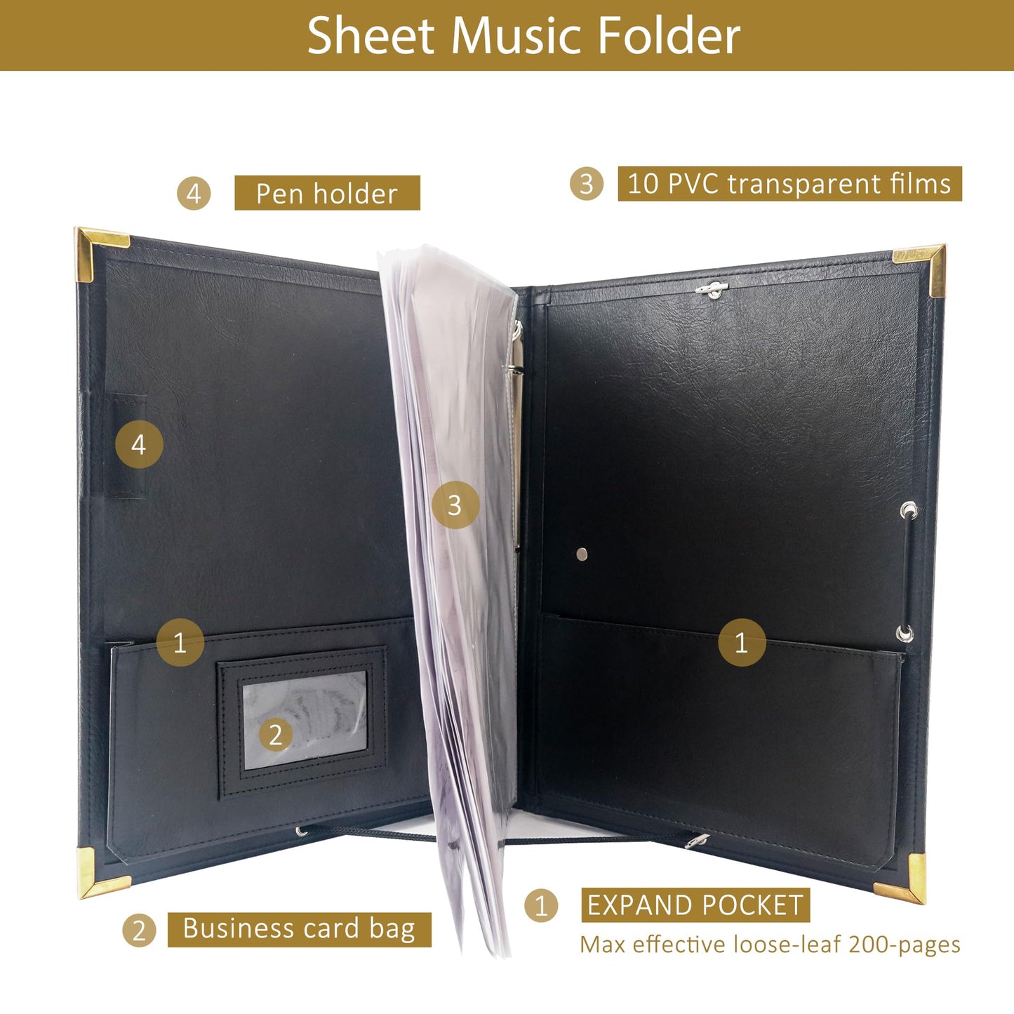 GraduatePro PU Leather Sheet Music Choir Folder Black, 3 Rings Binder 12.5" x 10" Piano Music Binder with Elastic Band,10 Pockets for Sheets 8.5 * 11/A4