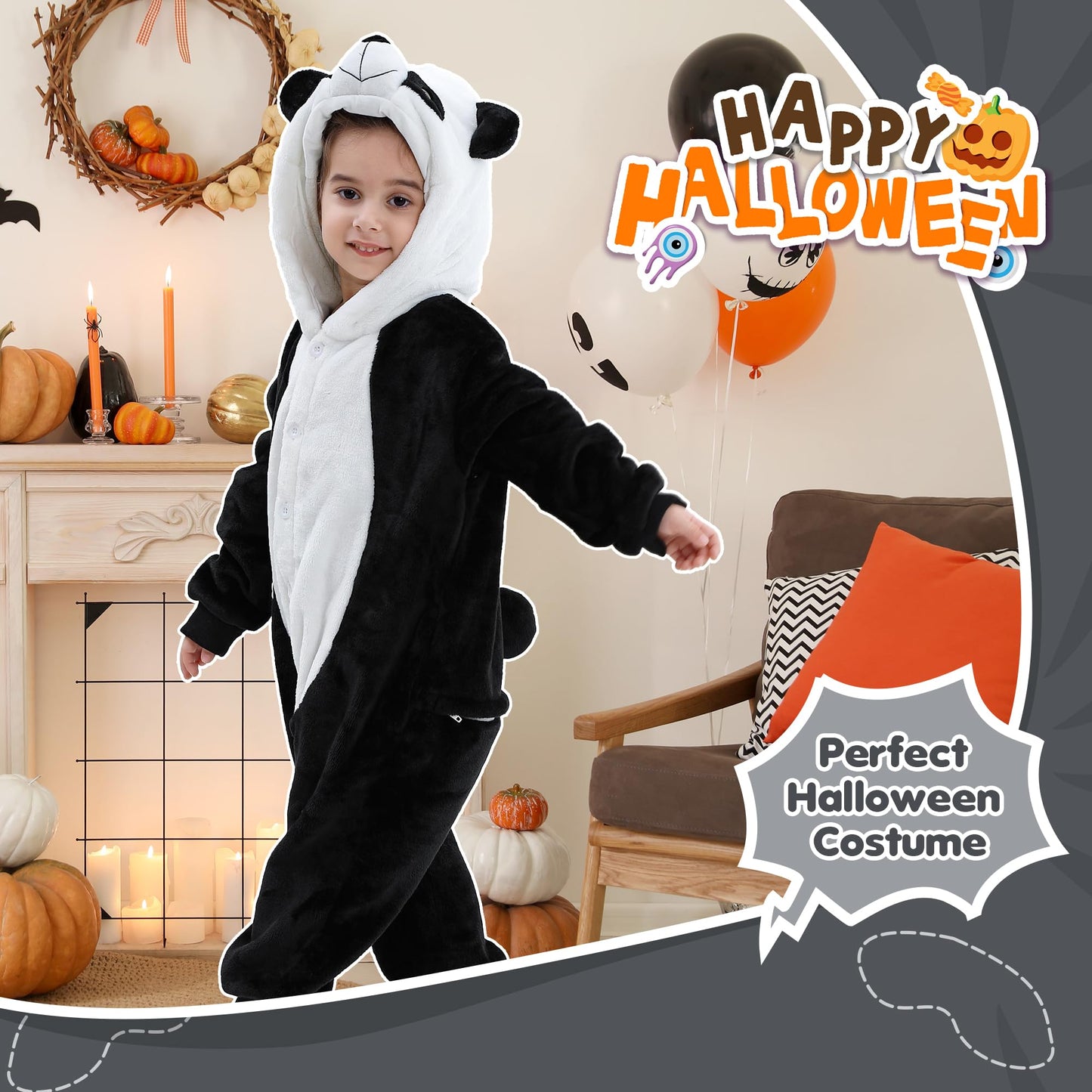 MICHLEY Animal Hooded Romper Kids Flannel Halloween Cosplay Costume 3-12T for Autumn Winter, Panda, 9-10T, Size130