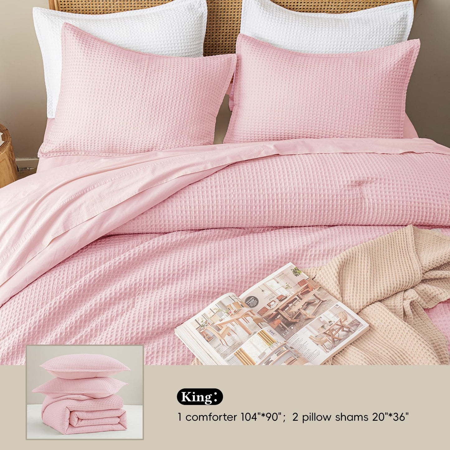 David's Home Waffle Weave Comforter Set 3PCS King Size, Soft Breathable Lightweight Warm for All Season, Elegant Aesthetic Home Decor Bedding Set Collection, 1 Comforter with 2 Pillow Shams, Pink