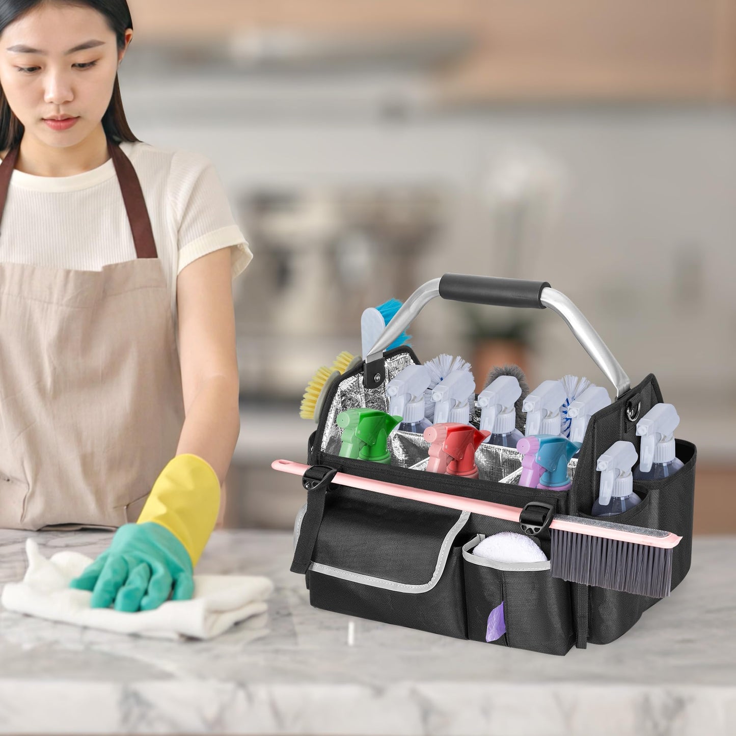 HODRANT Wearable Cleaning Caddy Organizer, Cleaning Supplies Bag with Divider & Support Pad, Cleaner Tote with Handle & Detachable Shoulder Strap, Housekeeping Storage Box with Multi Pockets, Bag Only