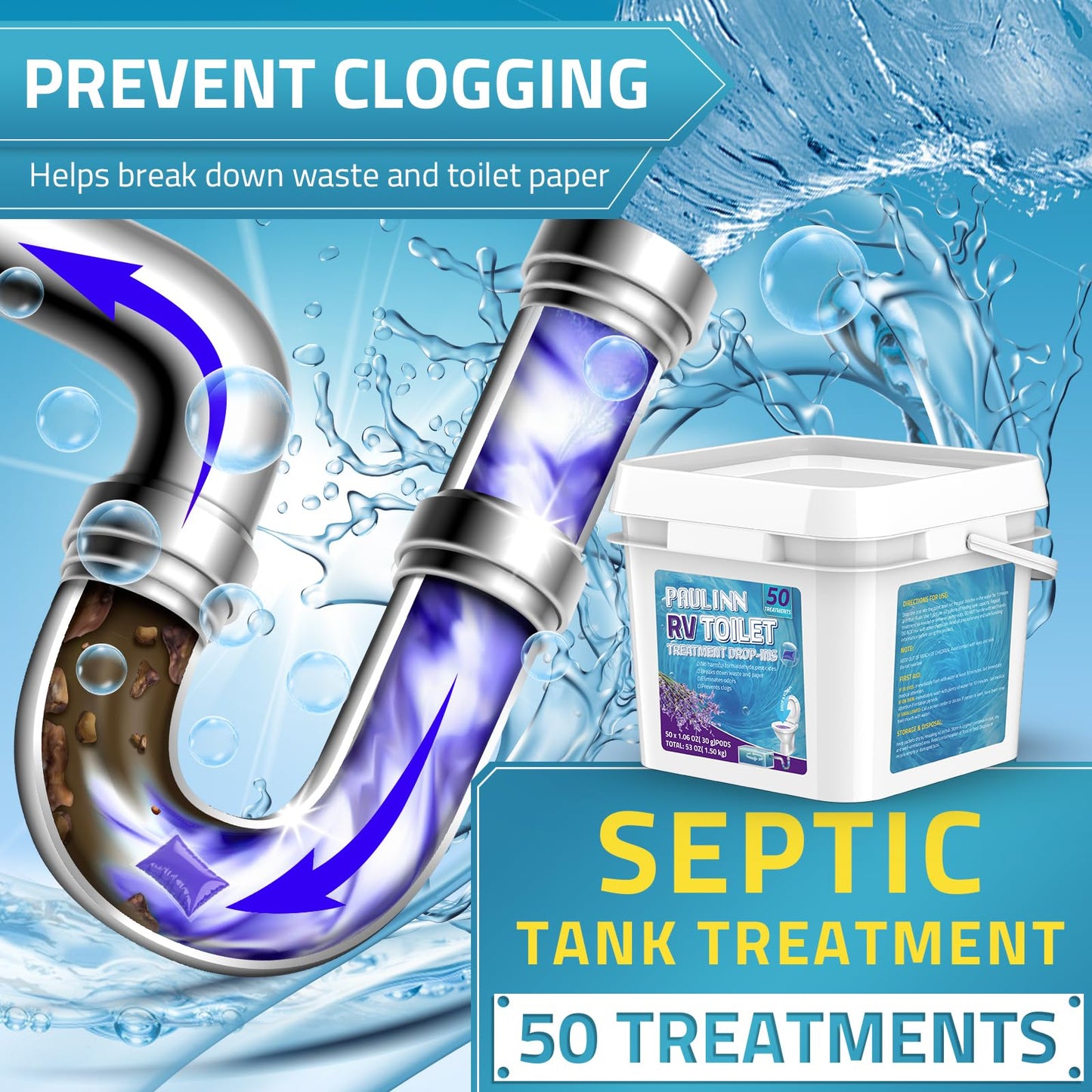 RV Toilet Treatment, 50 Packs Septic Tank Treatment Drop Ins Rv Accessories for Trailer Camper, Lavender