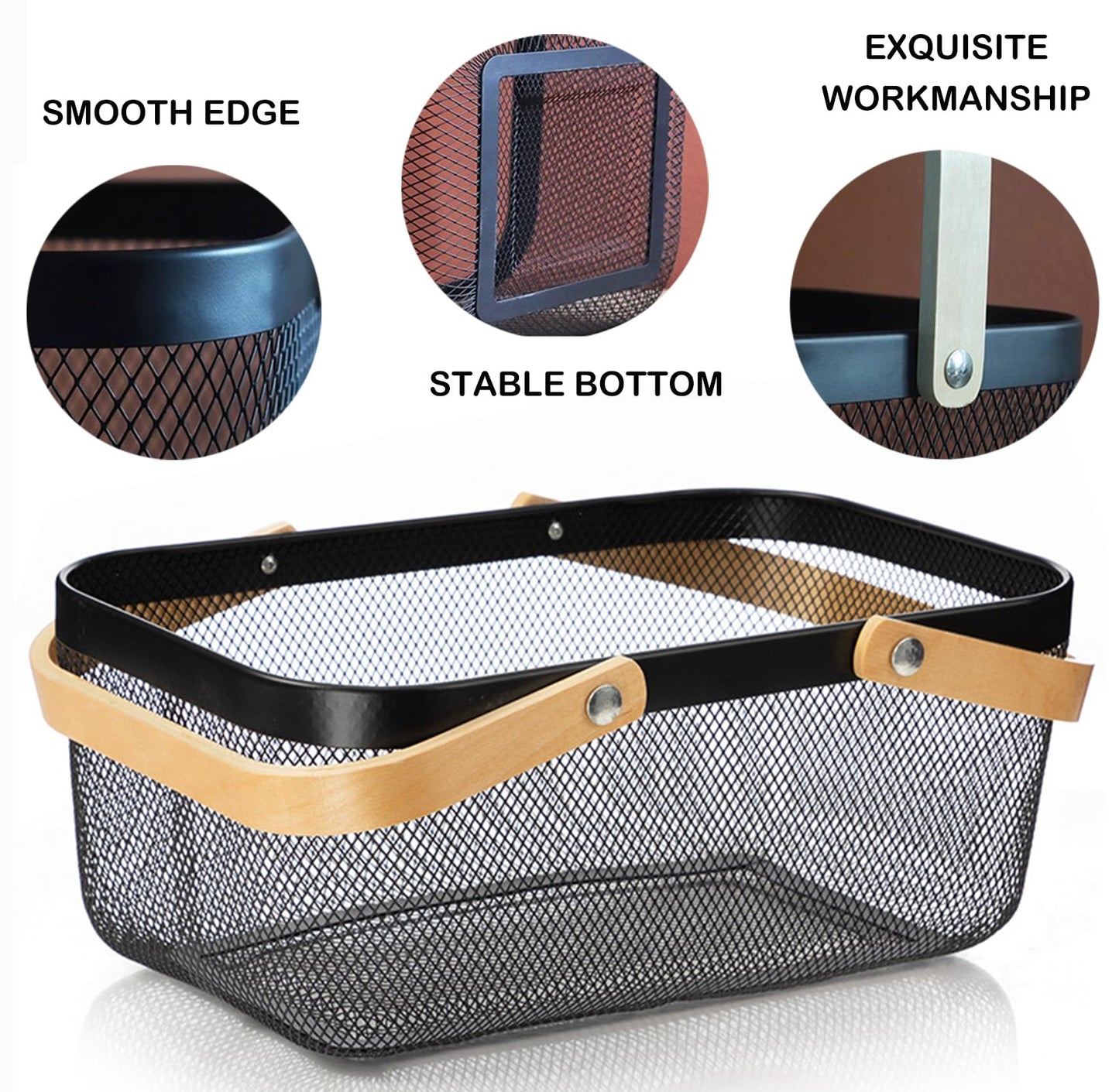 Cheardia 2 Pack Picnic Baskets, Metal Mesh Harvest Basket with Foldable Wooden Handle, Rectangle Garden Storage Basket Bin for Vegetable Fruit Garden Kitchen Cabinet Picking Gathering, Black