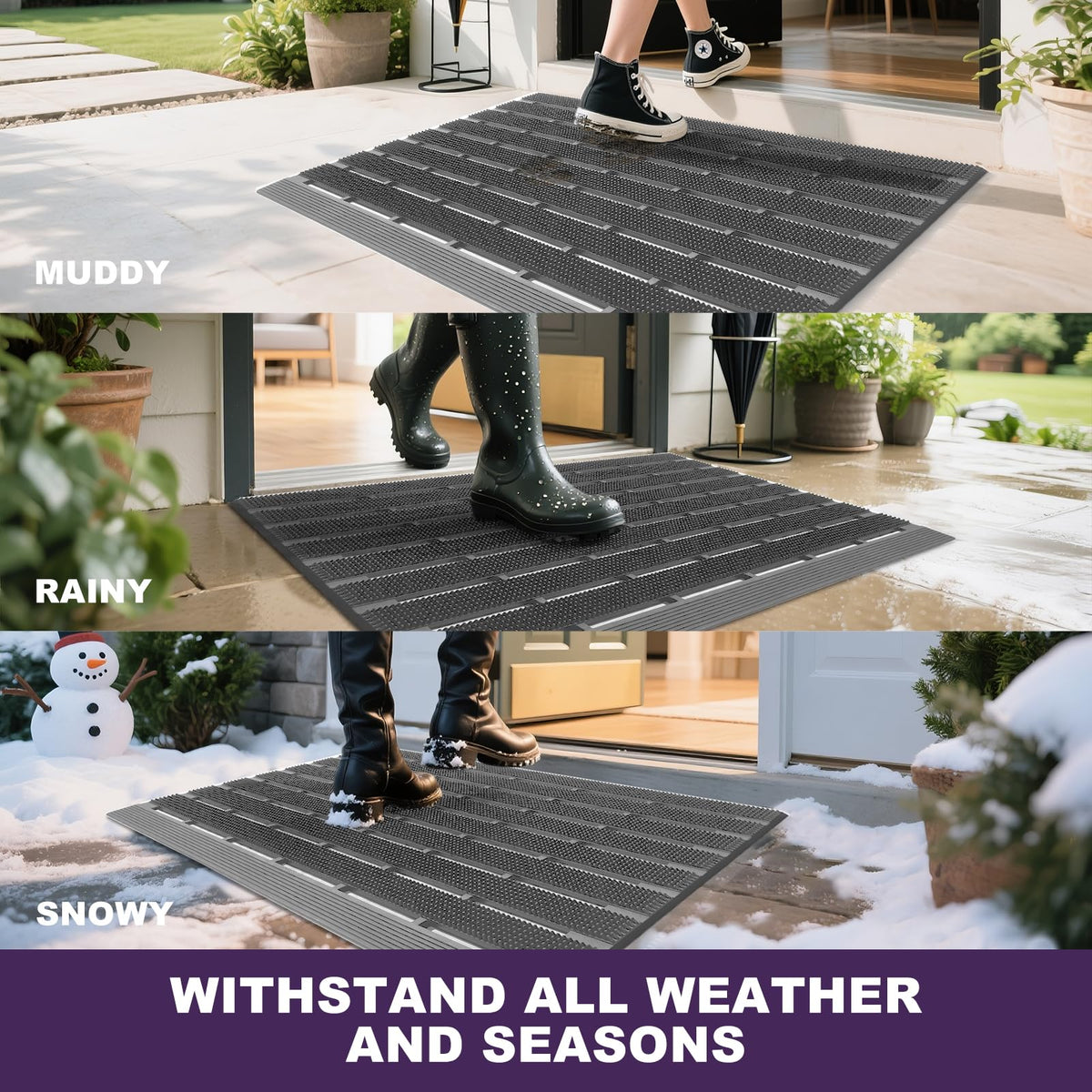 Mibao Front Door Mat, Heavy Duty Welcome Entrance Doormats, Non Slip Entryway Rubber Rugs, Dirt Trapper Waterproof Home Garage Pool Mud Mats All Weather, 30" x 18", Grey