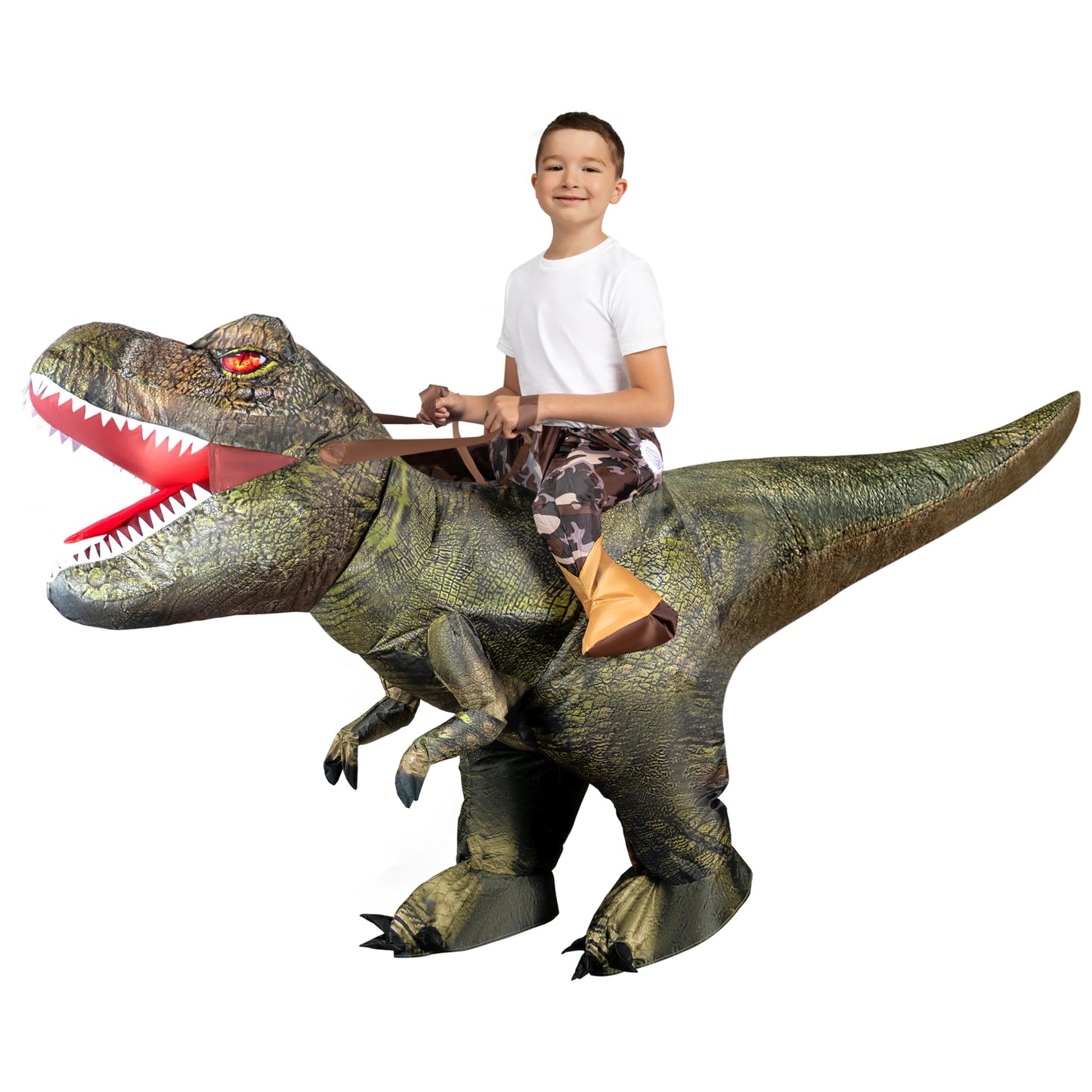 Spooktacular Creations T-Rex Inflatable Costume for Kids Digital Printing Ride-On Dinosaur for Halloween Parties Green
